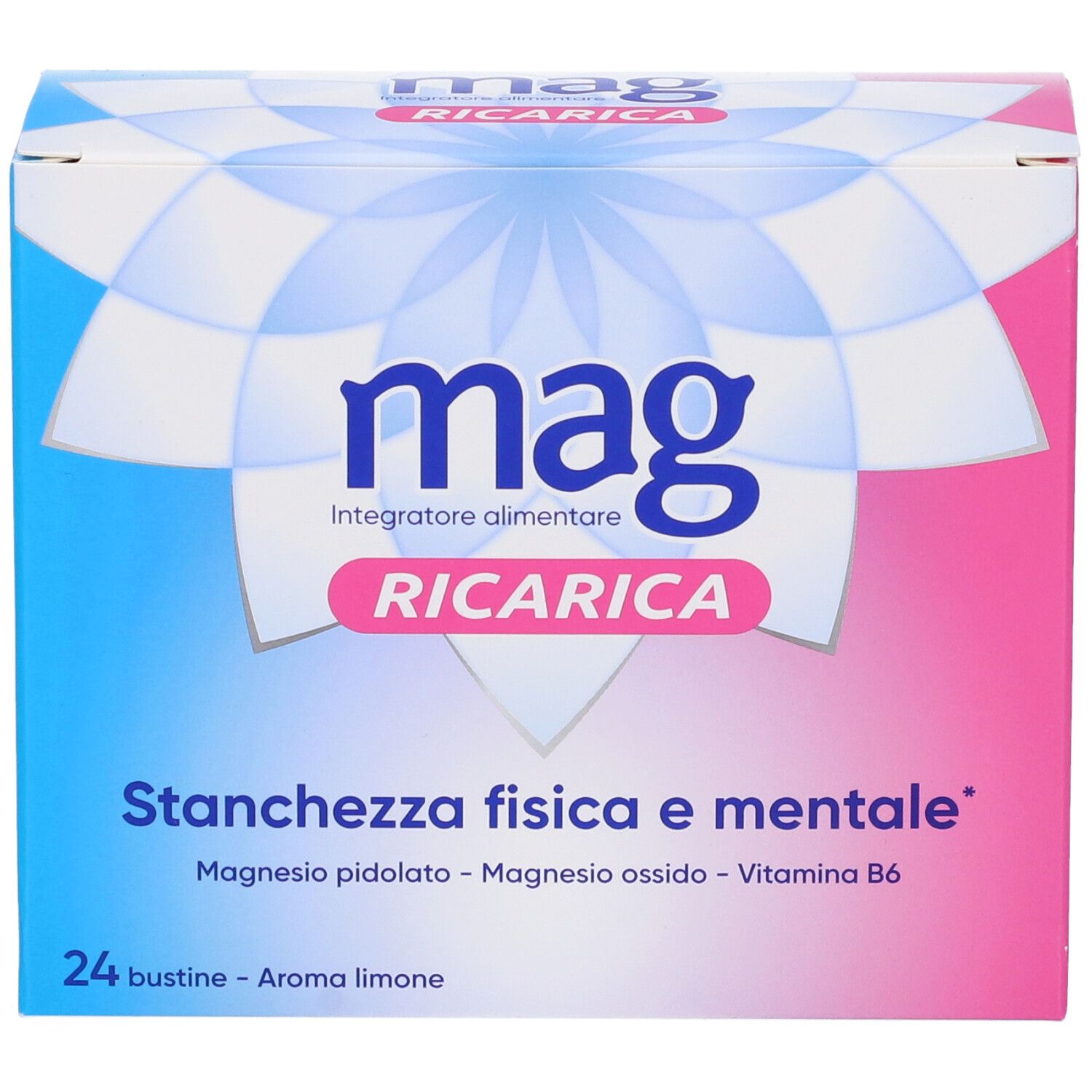 Verpackung von Mag Ricaria. Blaue und rosa Box mit Produktinformationen und Logo.