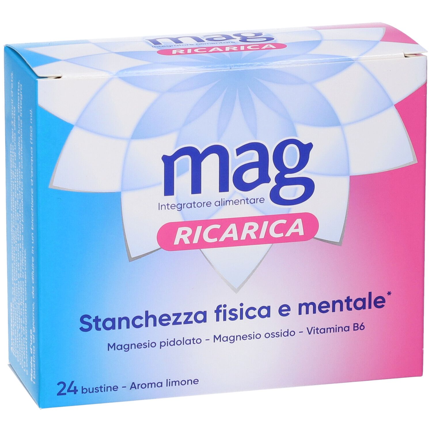 Verpackung von Mag Ricaria. Blaue und rosa Box mit Produktinformationen und Logo.
