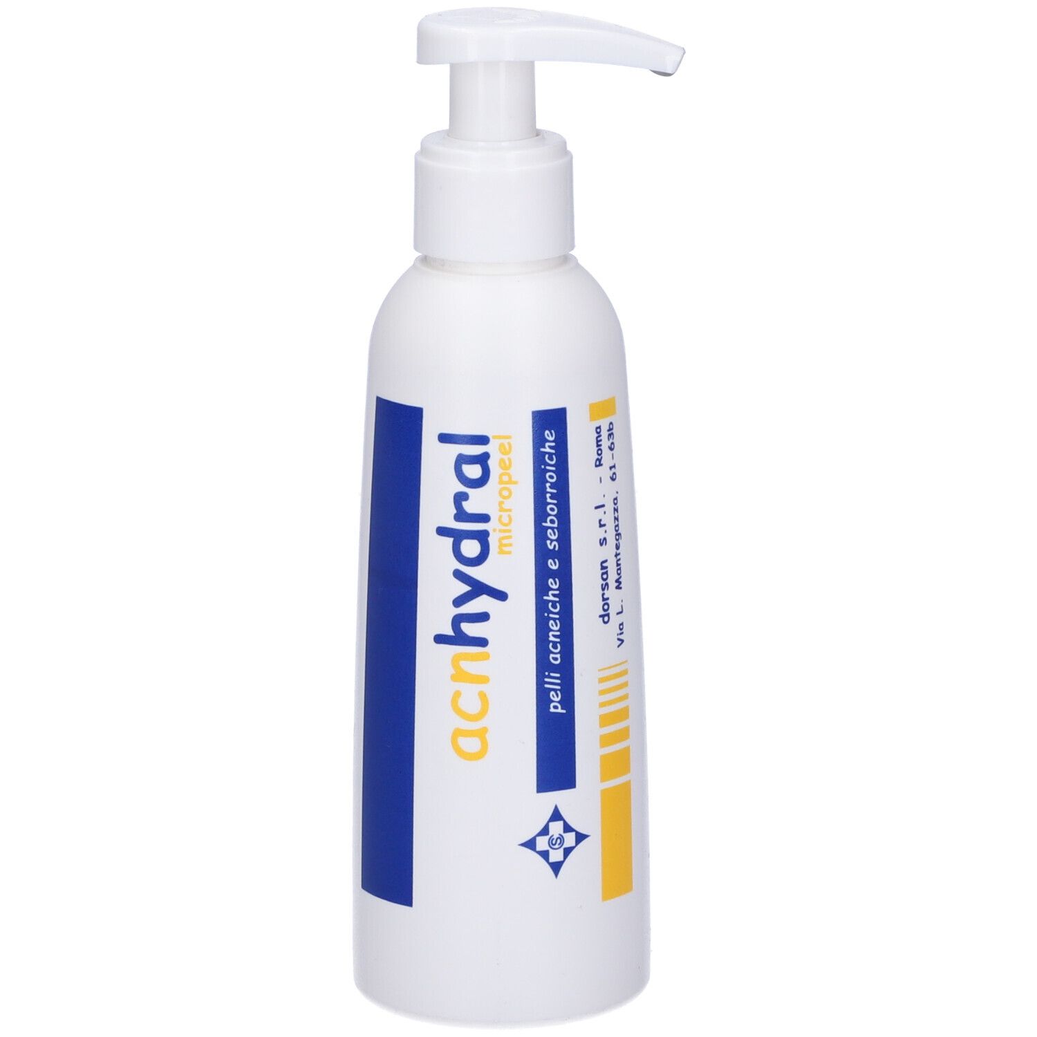 Flacone bianco con dosatore a pompa. Scritta: acnhydral micropeel. Accenti blu e gialli.