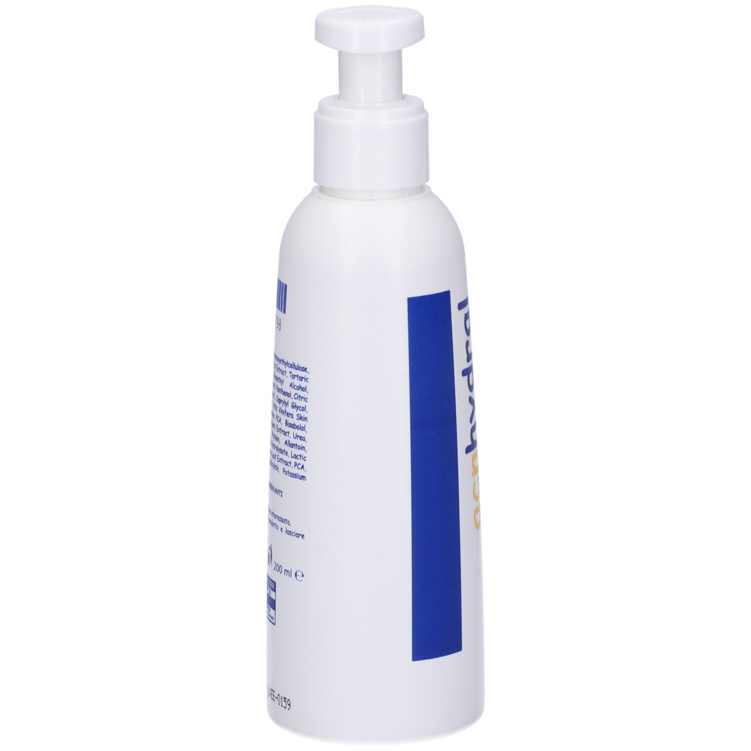 Flacone bianco con dosatore a pompa. Scritta blu. Retro con testo e codice a barre.