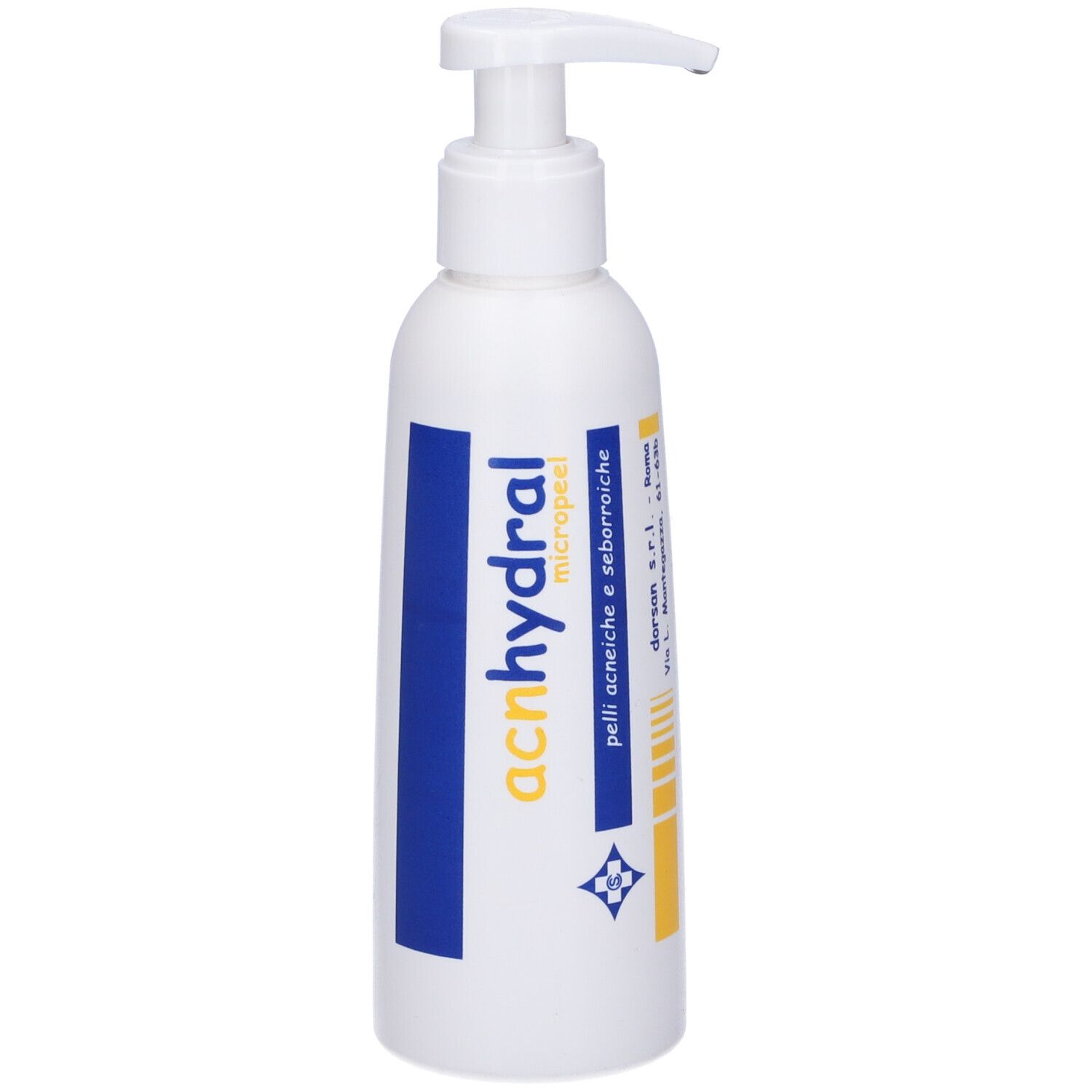 Flacone bianco con dosatore a pompa. Scritta: acnhydral micropeel. Accenti blu e gialli.