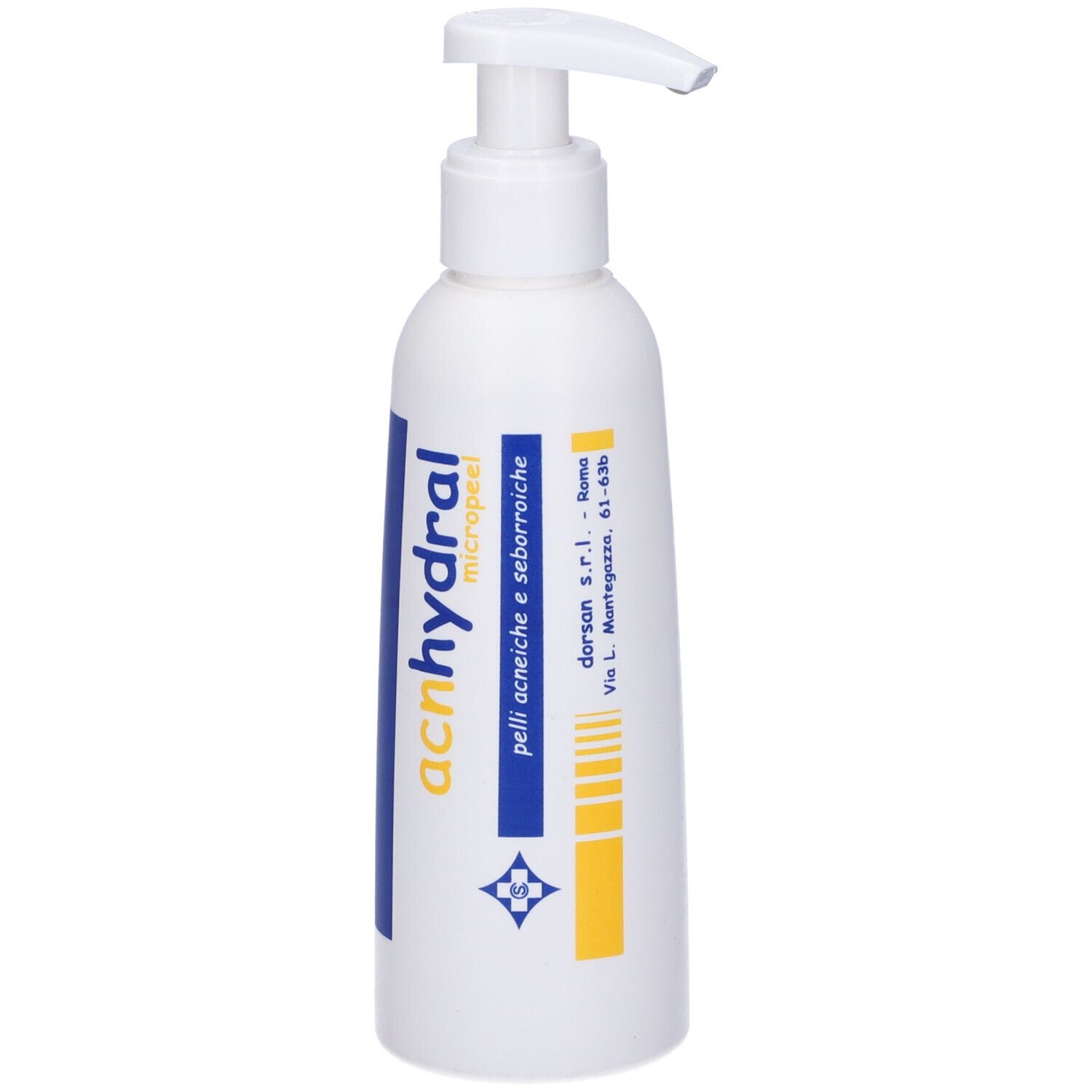 Flacone bianco con dosatore a pompa. Scritta: acnhydral micropeel. Accenti blu e gialli.