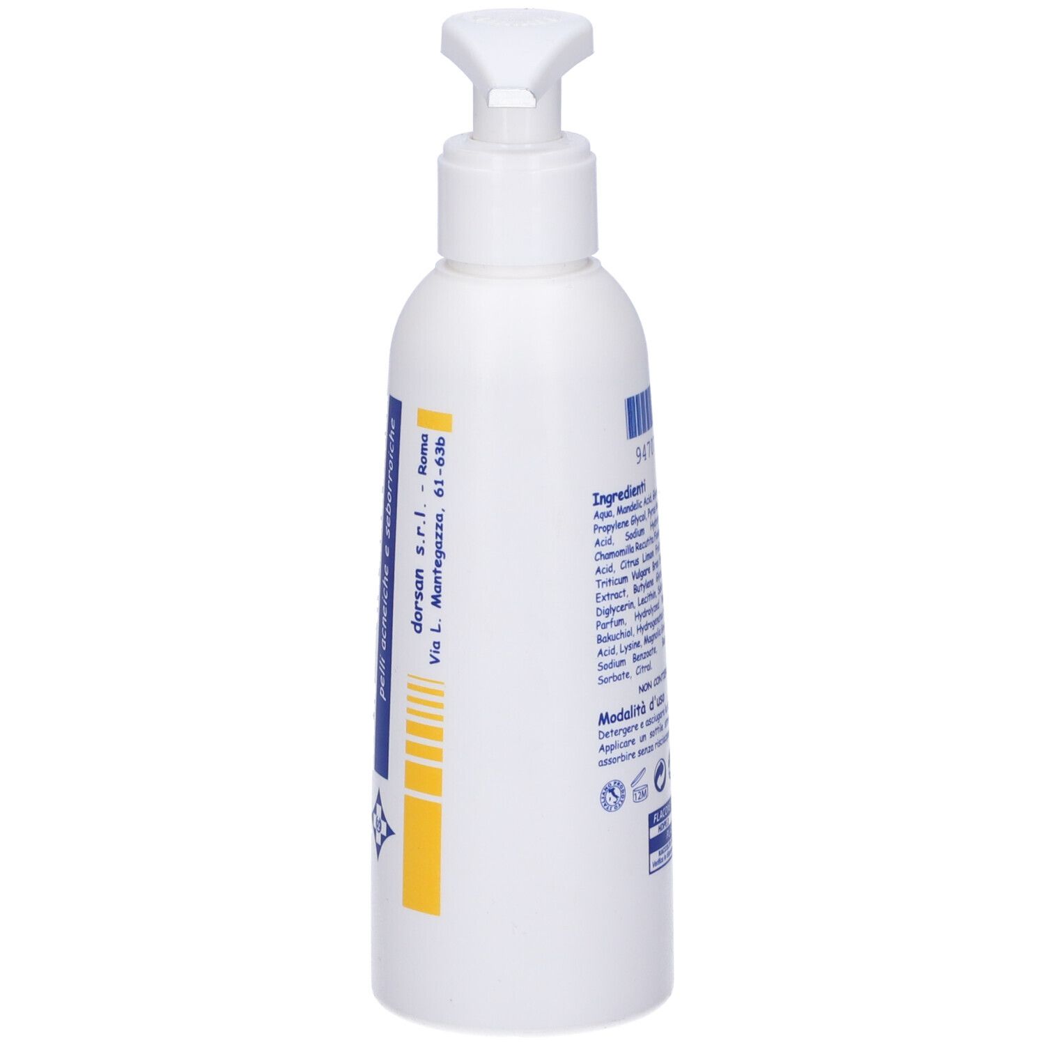 Flacone bianco con dosatore a pompa. Scritta blu. Retro con testo e codice a barre.