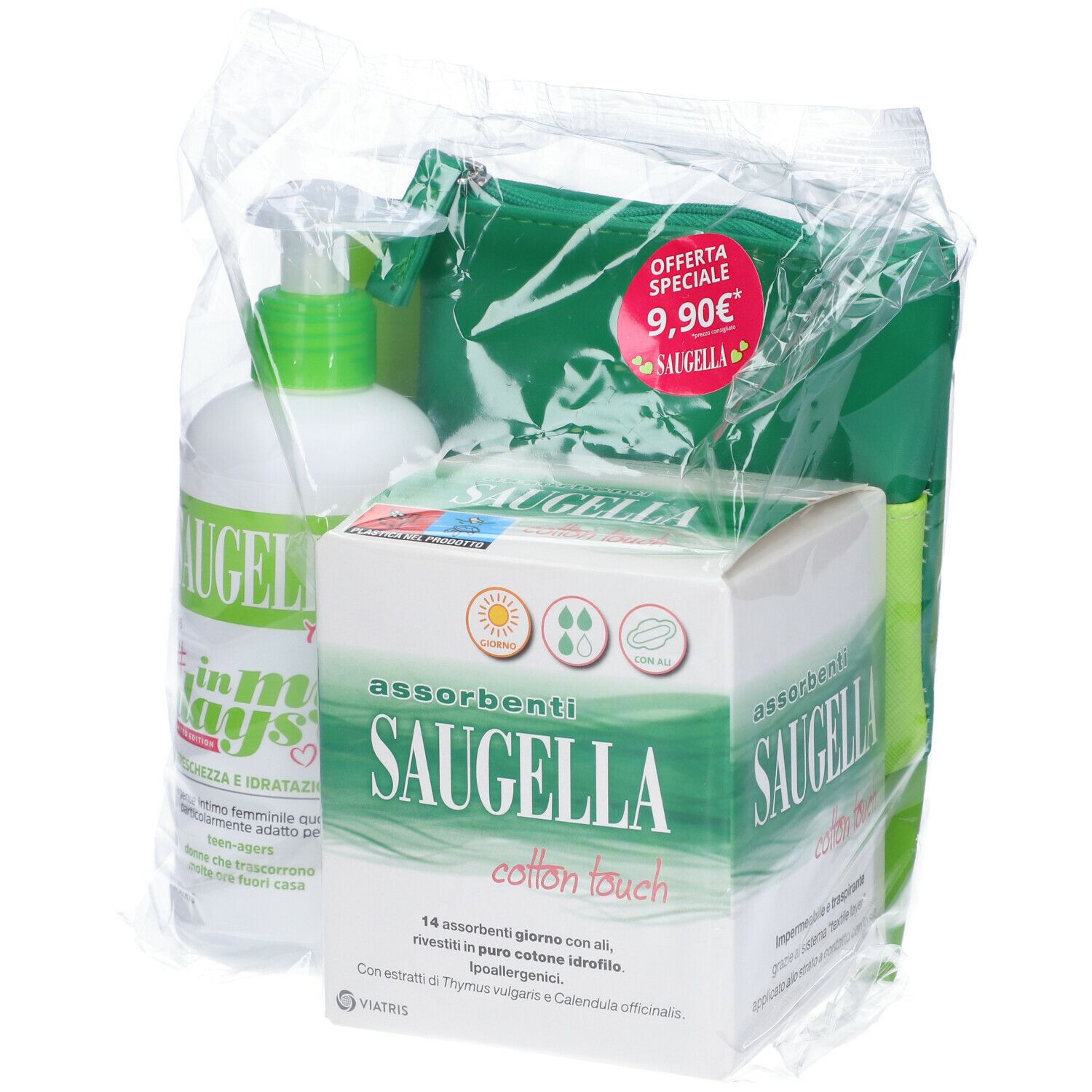 Set SAUGELLA in confezione trasparente. Include detergente, pochette e assorbenti. Adesivo prezzo rosso. Design verde e bianco.