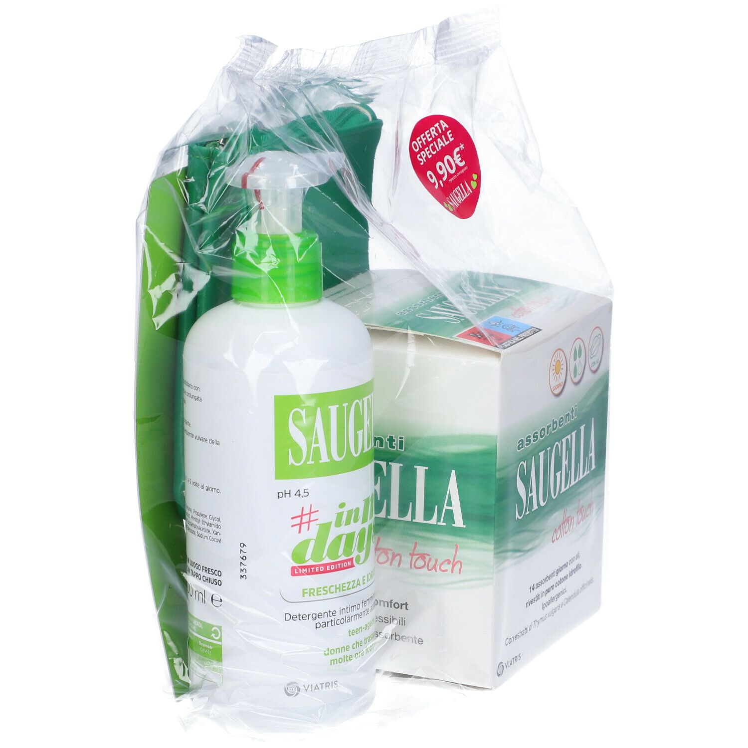Set SAUGELLA in confezione trasparente. Detergente, pochette e assorbenti. Adesivo prezzo rosso. Verde e bianco. Nomi e loghi.