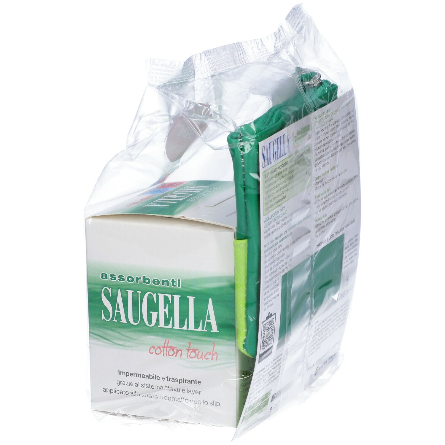 Set SAUGELLA in confezione trasparente. Scatola assorbenti e pochette verde visibili. Nomi e loghi. Imballaggio parzialmente trasparente.
