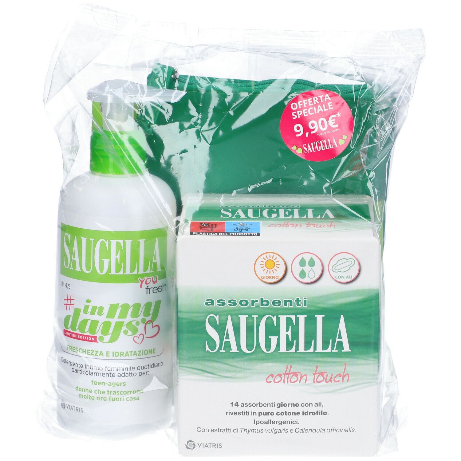 Set SAUGELLA in confezione trasparente. Detergente, pochette e assorbenti. Adesivo prezzo rosso. Edizione limitata #inmydays. Verde e bianco.