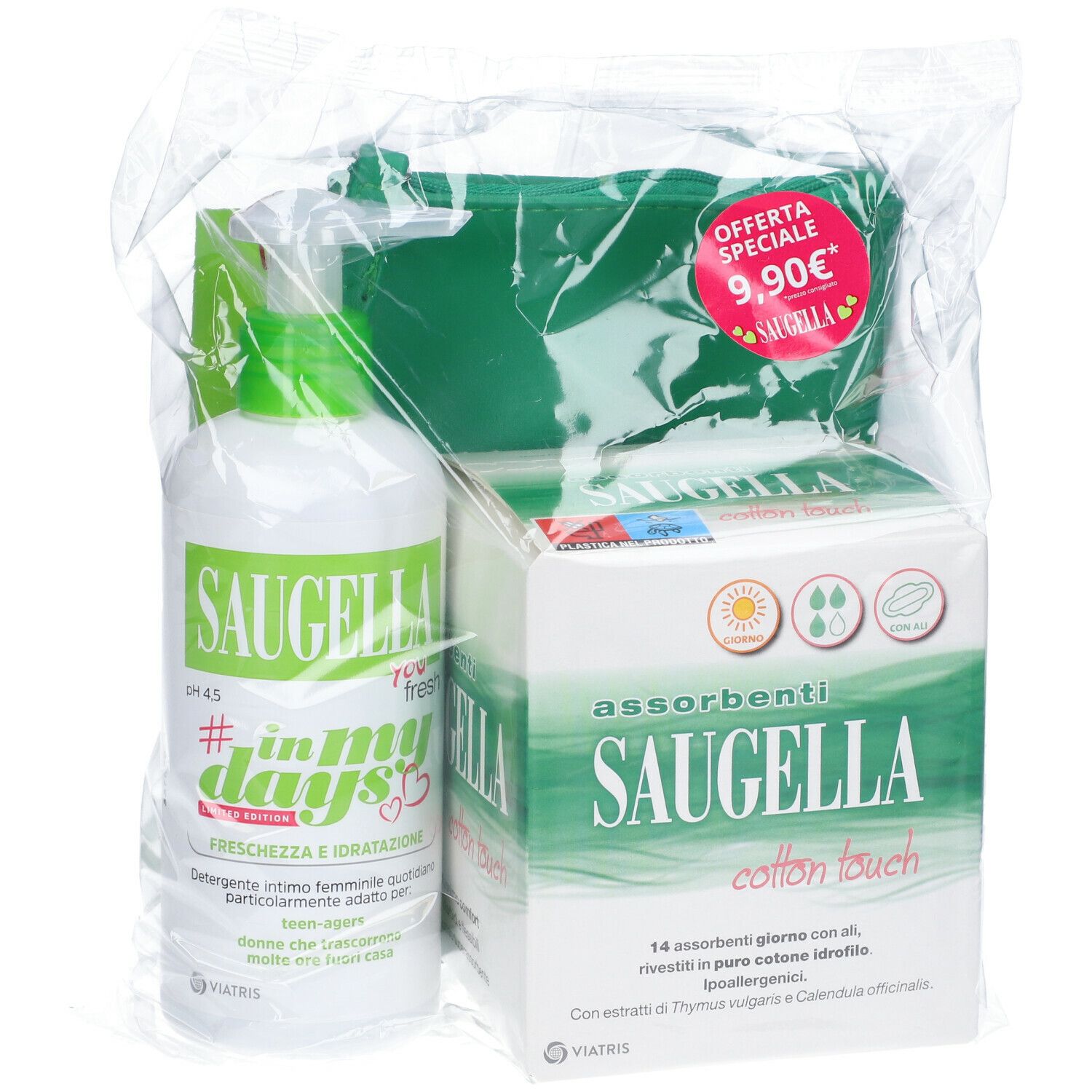 Set SAUGELLA in confezione trasparente. Detergente, pochette e assorbenti. Adesivo prezzo rosso. Edizione limitata #inmydays. Verde e bianco.
