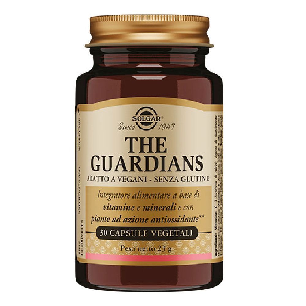 Flacone di vetro marrone con tappo dorato. Scritta: THE GUARDIANS, 30 capsule vegetali. Marchio: SOLGAR.
