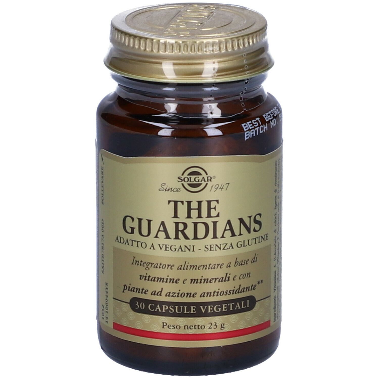 Flacone di vetro marrone con tappo dorato. Scritta: THE GUARDIANS, 30 capsule vegetali. Marchio: SOLGAR.