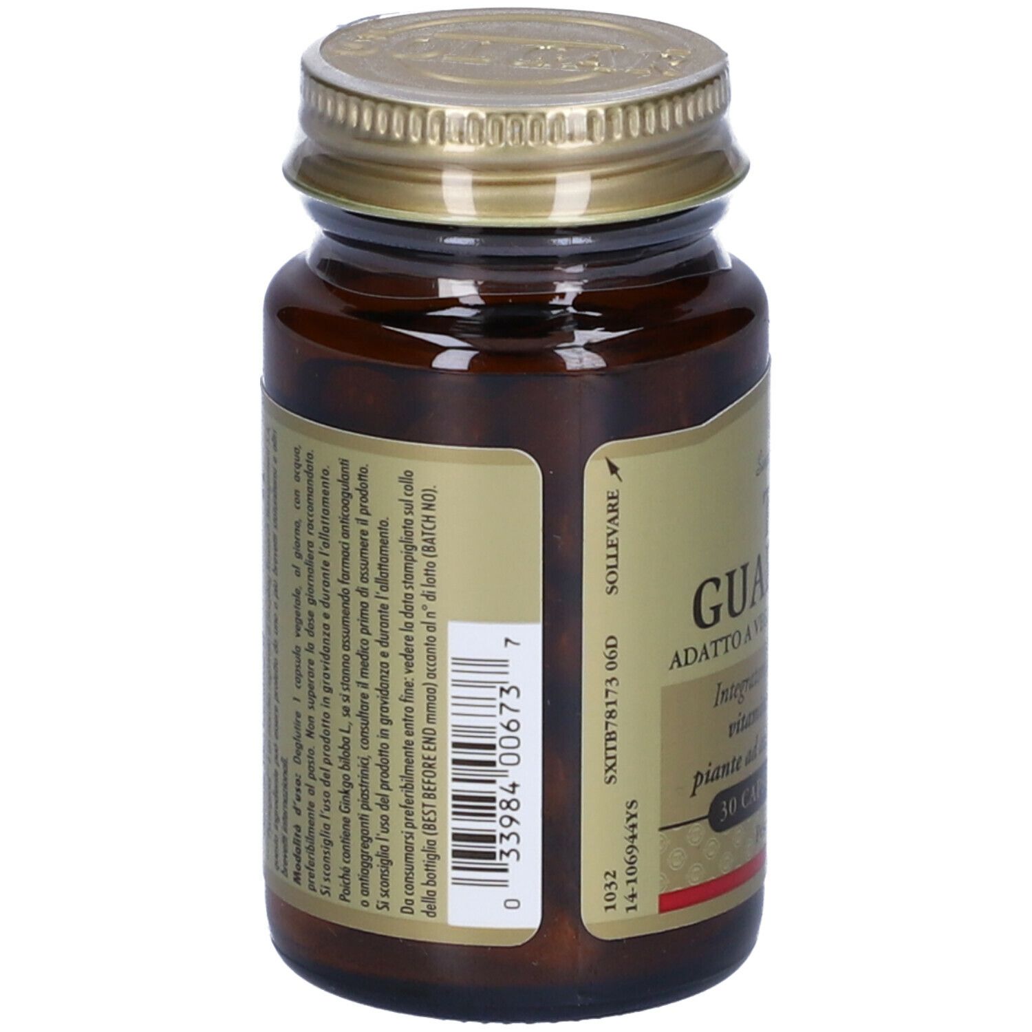 Flacone di vetro marrone con tappo dorato. Retro con testo e codice a barre. Scritta: GUARDIANS, 30 capsule.
