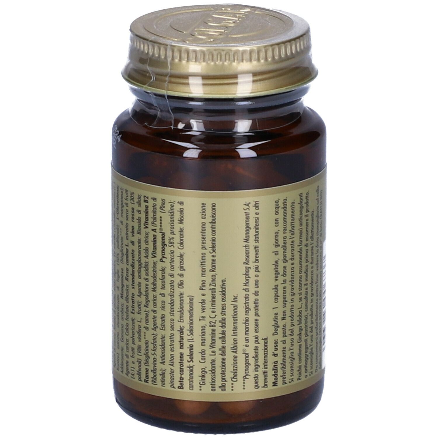 Flacone di vetro marrone con tappo dorato. Retro con testo. Scritta: GUARDIANS, 30 capsule. Ingredienti.