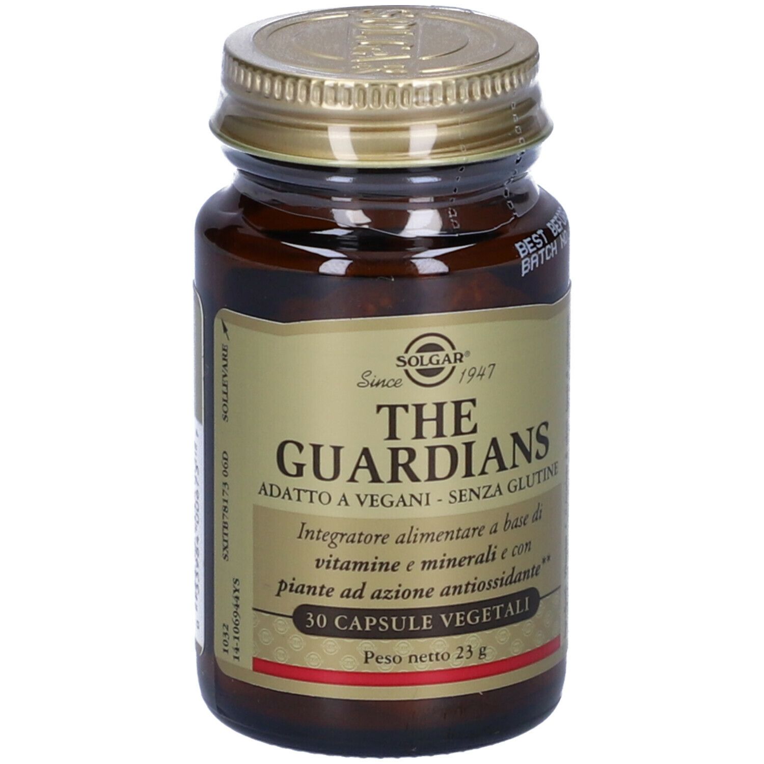 Flacone di vetro marrone con tappo dorato. Scritta: THE GUARDIANS, 30 capsule vegetali. Marchio: SOLGAR.