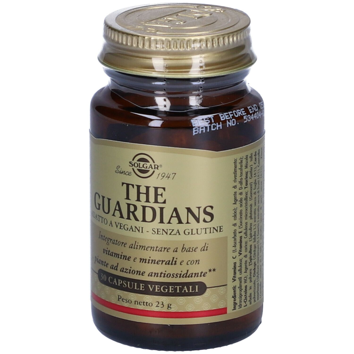 Flacone di vetro marrone con tappo dorato. Scritta: THE GUARDIANS, 30 capsule vegetali. Marchio: SOLGAR.