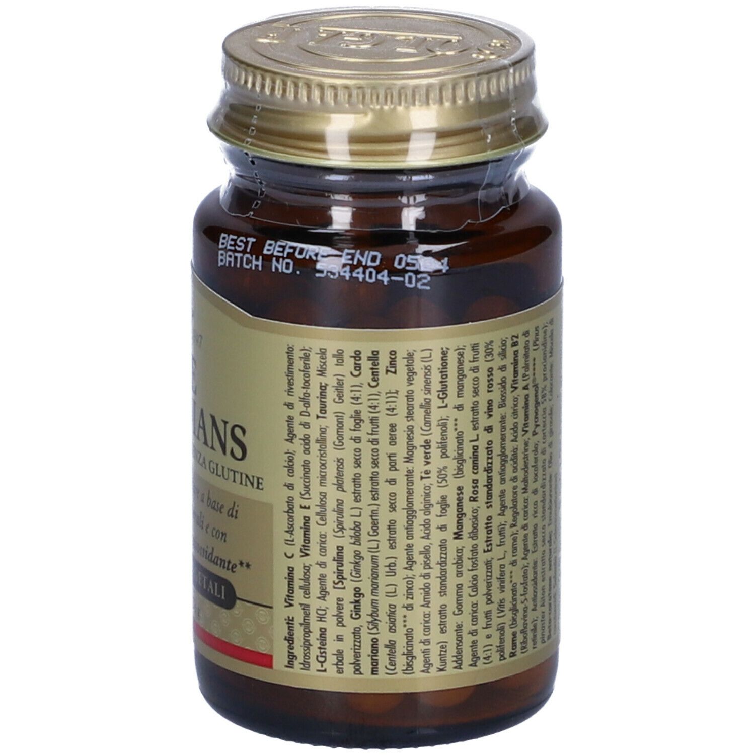 Flacone di vetro marrone con tappo dorato. Retro con testo. Scritta: GUARDIANS, 30 capsule. Ingredienti.