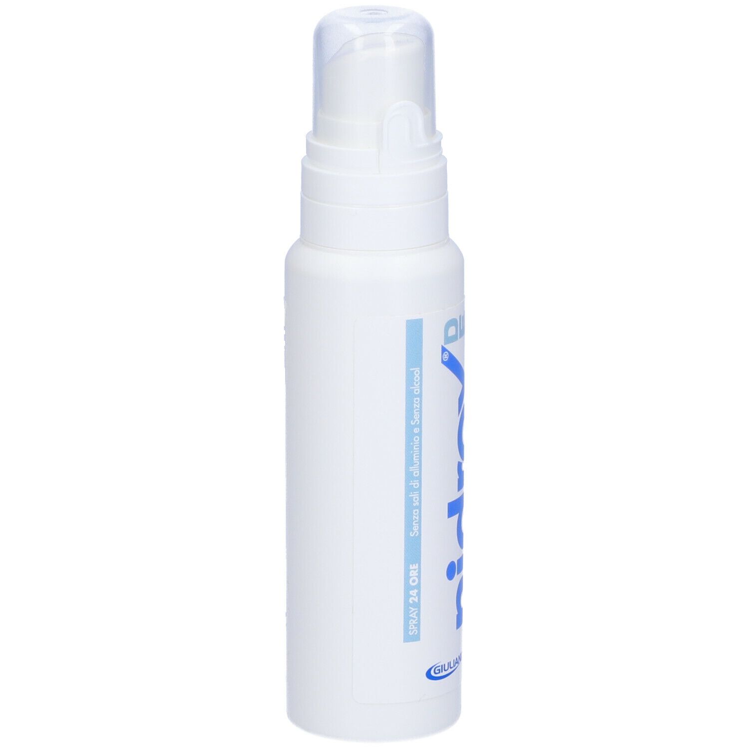 Spray bianco con scritta blu. Testo: "Spray 24 ore". Logo del produttore Giuliani.