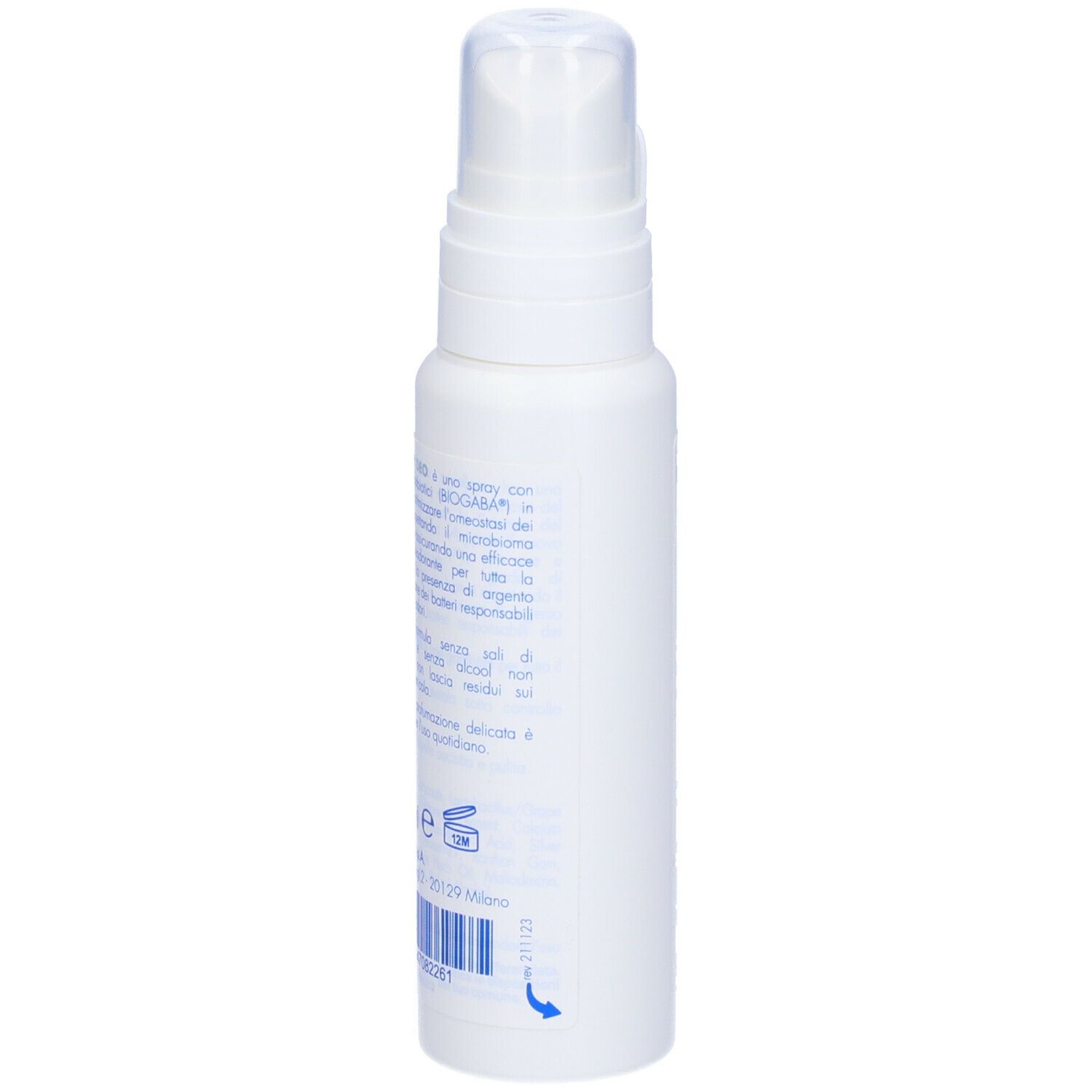Flacone spray bianco con testo sul retro. Informazioni del produttore e codice a barre.