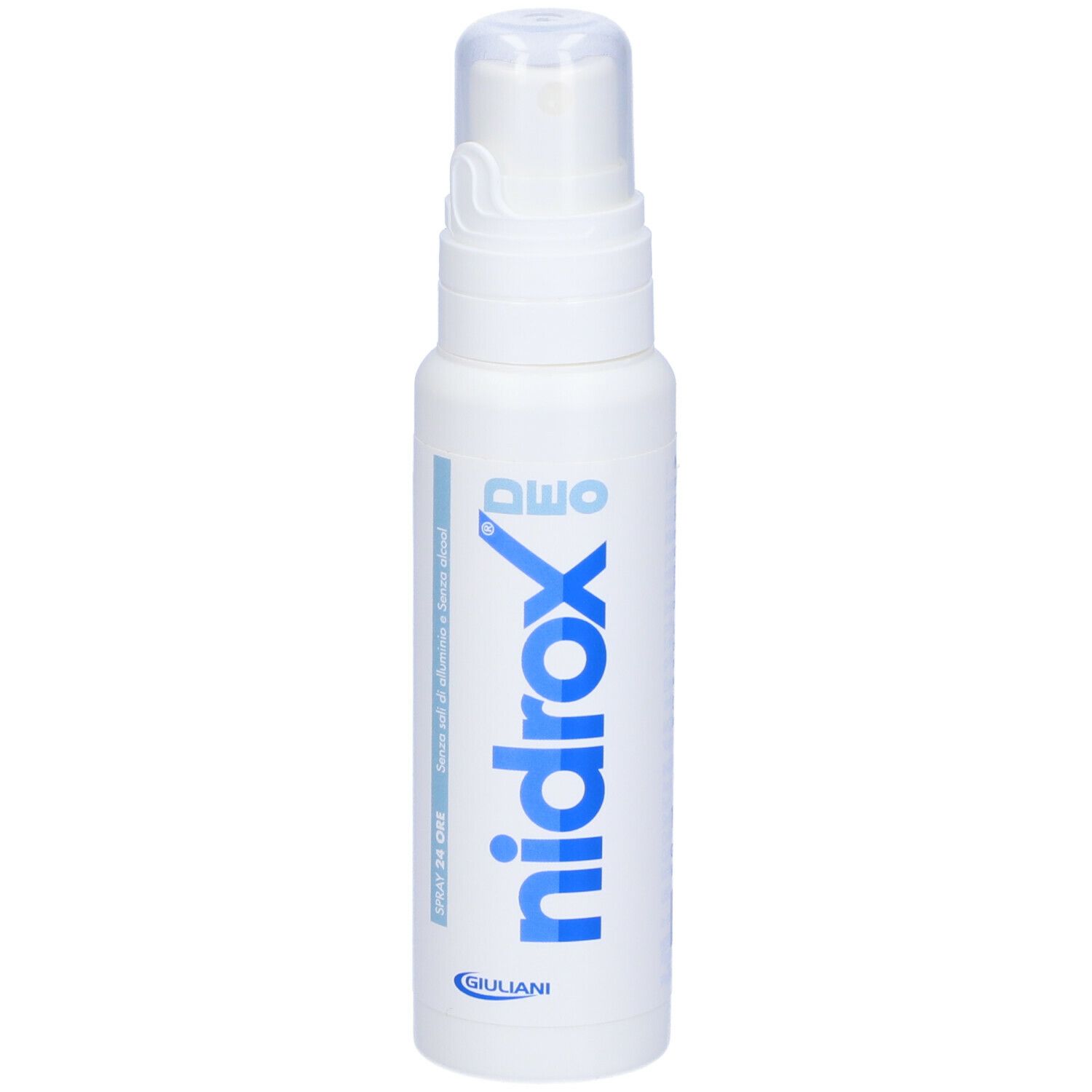 Spray bianco con scritta blu "nidrox" e "awo". Logo del produttore Giuliani.