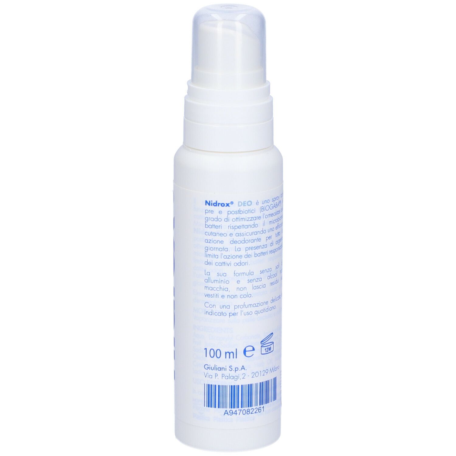 Flacone spray bianco con testo e informazioni del produttore. Testo: 100 ml. Codice a barre.