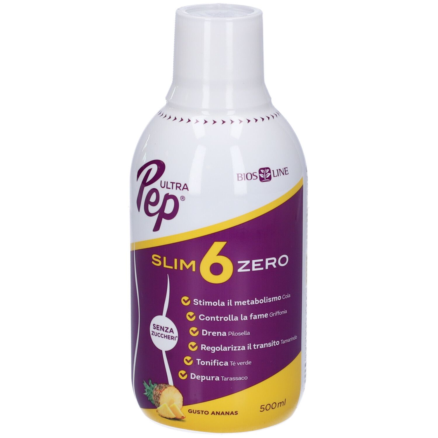 Bottiglia bianca e viola con nome del prodotto e ananas. Testo: Slim 6 Zero, senza zucchero, 500ml.