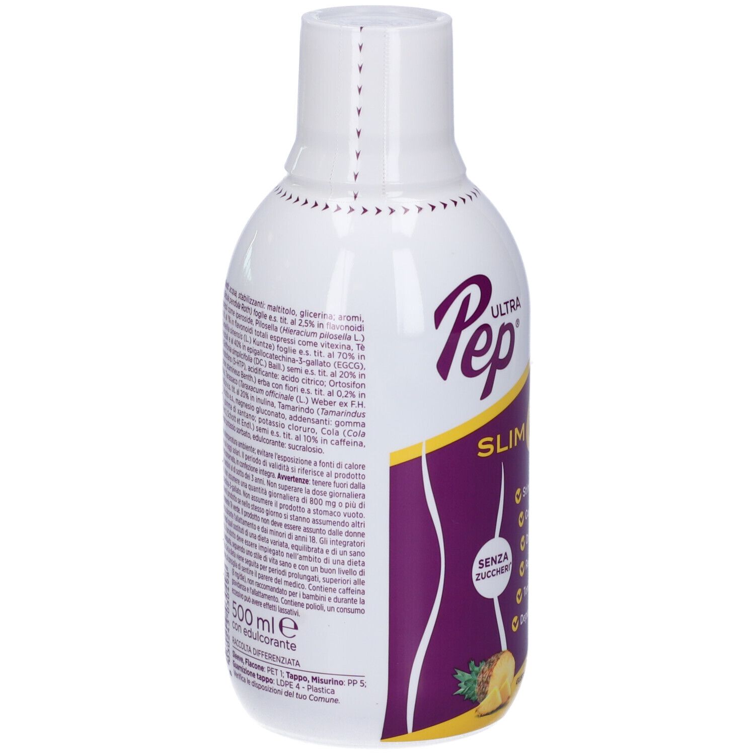Retro della bottiglia bianca. Testo: Ingredienti, informazioni nutrizionali, 500ml. Nome prodotto non visibile.