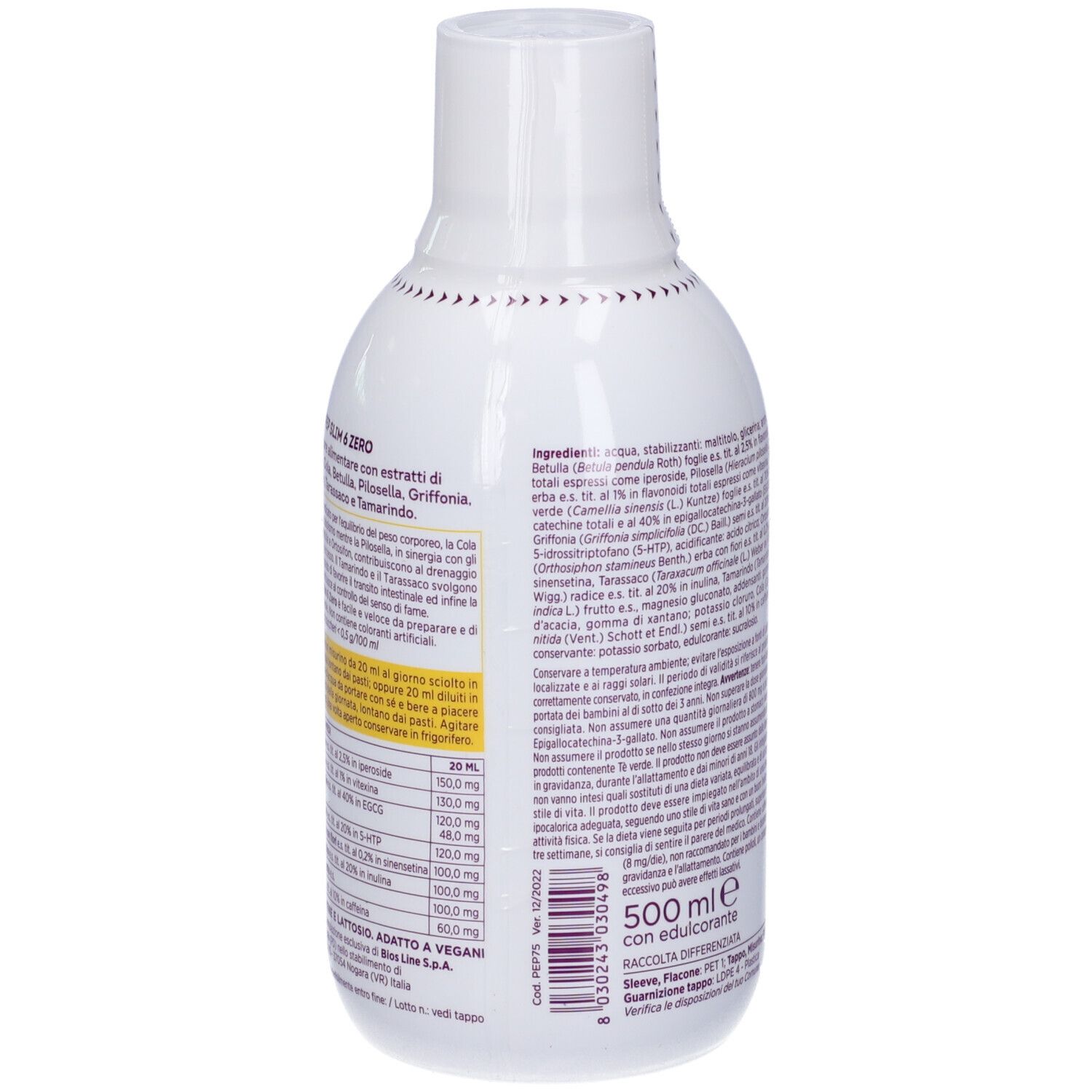 Retro della bottiglia bianca. Testo: Ingredienti, informazioni nutrizionali, 500ml. Nome prodotto non visibile.