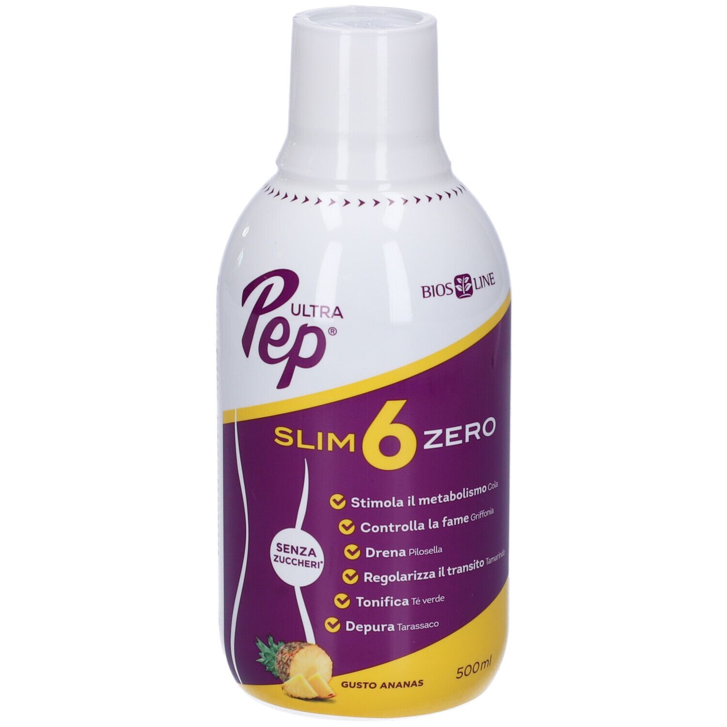 Bottiglia bianca e viola con nome del prodotto e ananas. Testo: Slim 6 Zero, senza zucchero, 500ml.