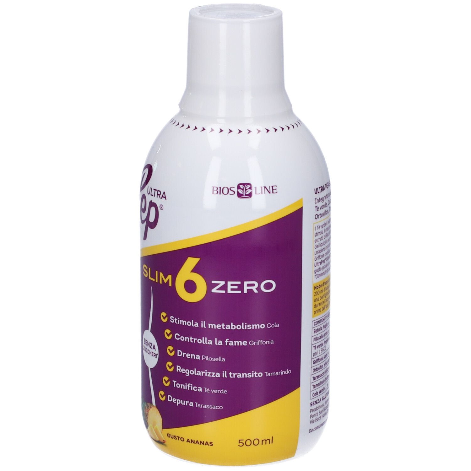 Bottiglia bianca e viola con nome del prodotto e ananas. Testo: Slim 6 Zero, senza zucchero, 500ml.