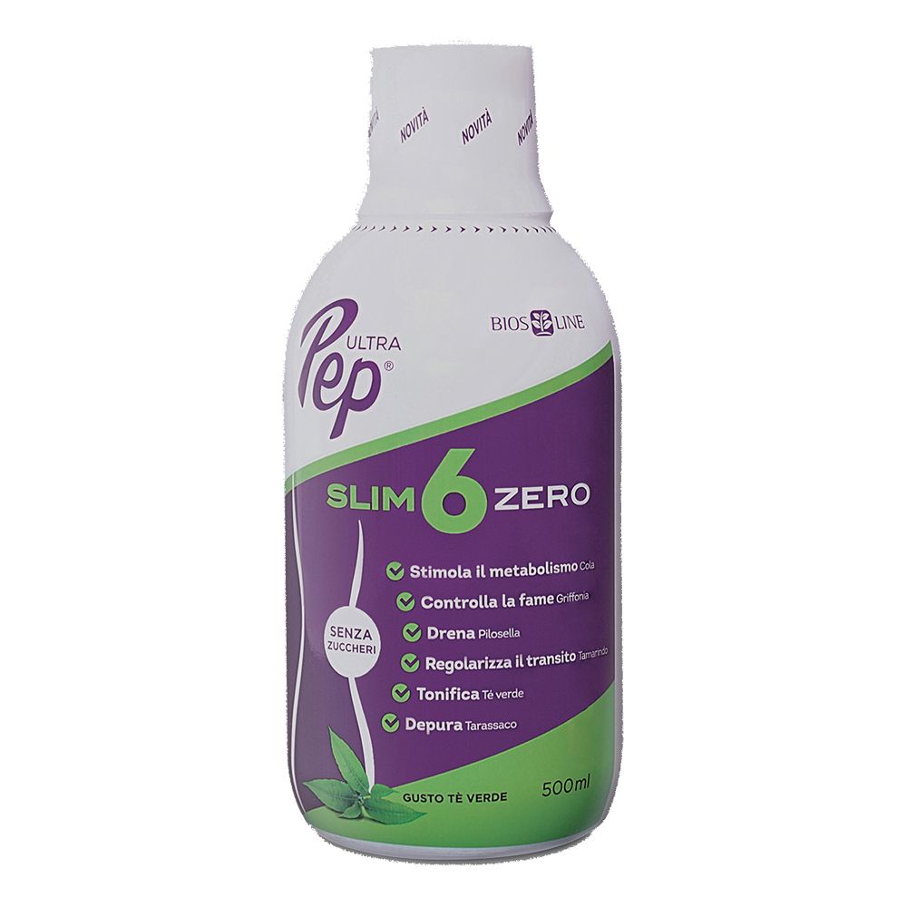 Bottiglia bianca e verde "Ultra Pep Slim 6 Zero". Contiene tè verde. Scritta "Senza Zuccheri".
