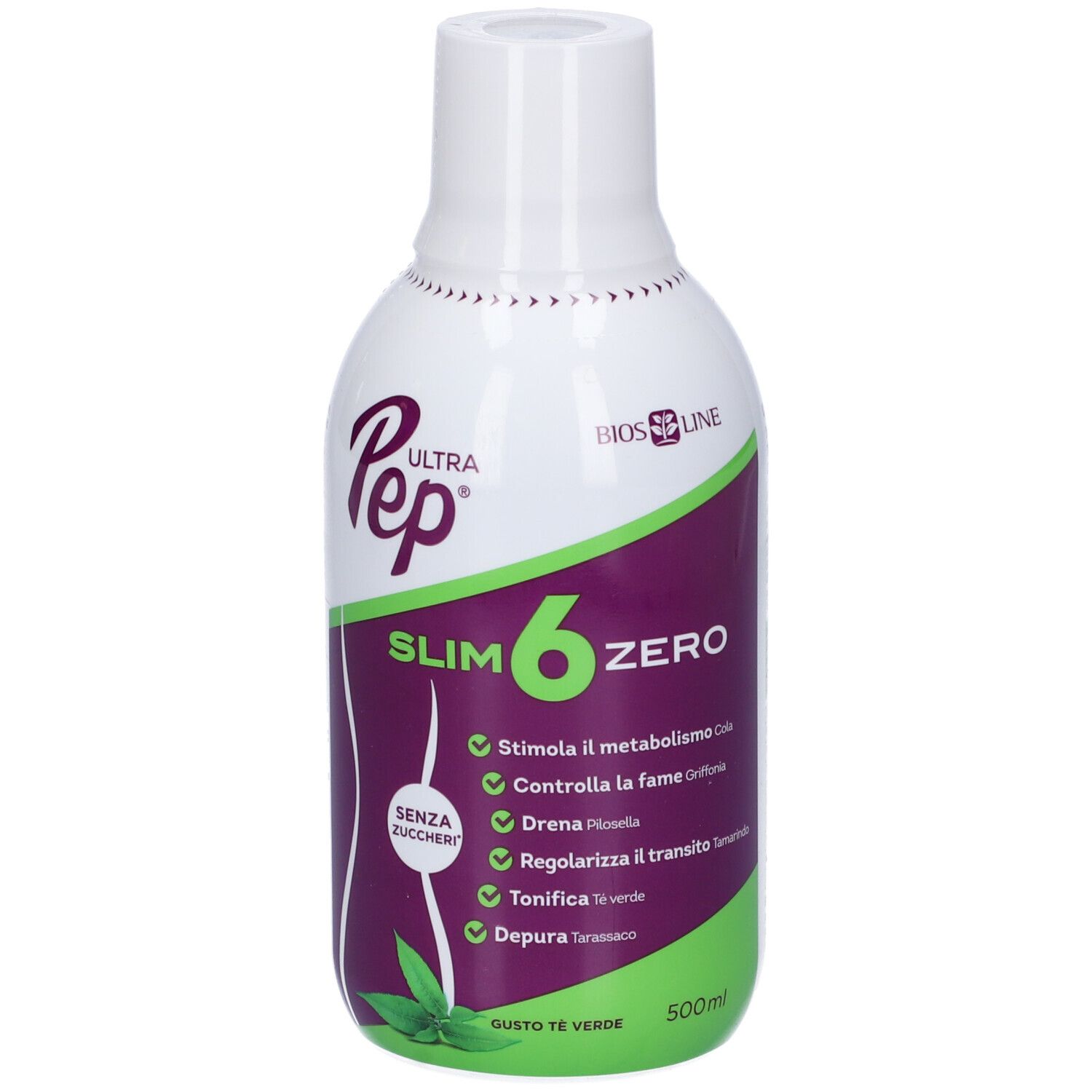 Bottiglia bianca e verde "Ultra Pep Slim 6 Zero". Contiene tè verde. Scritta "Senza Zuccheri".