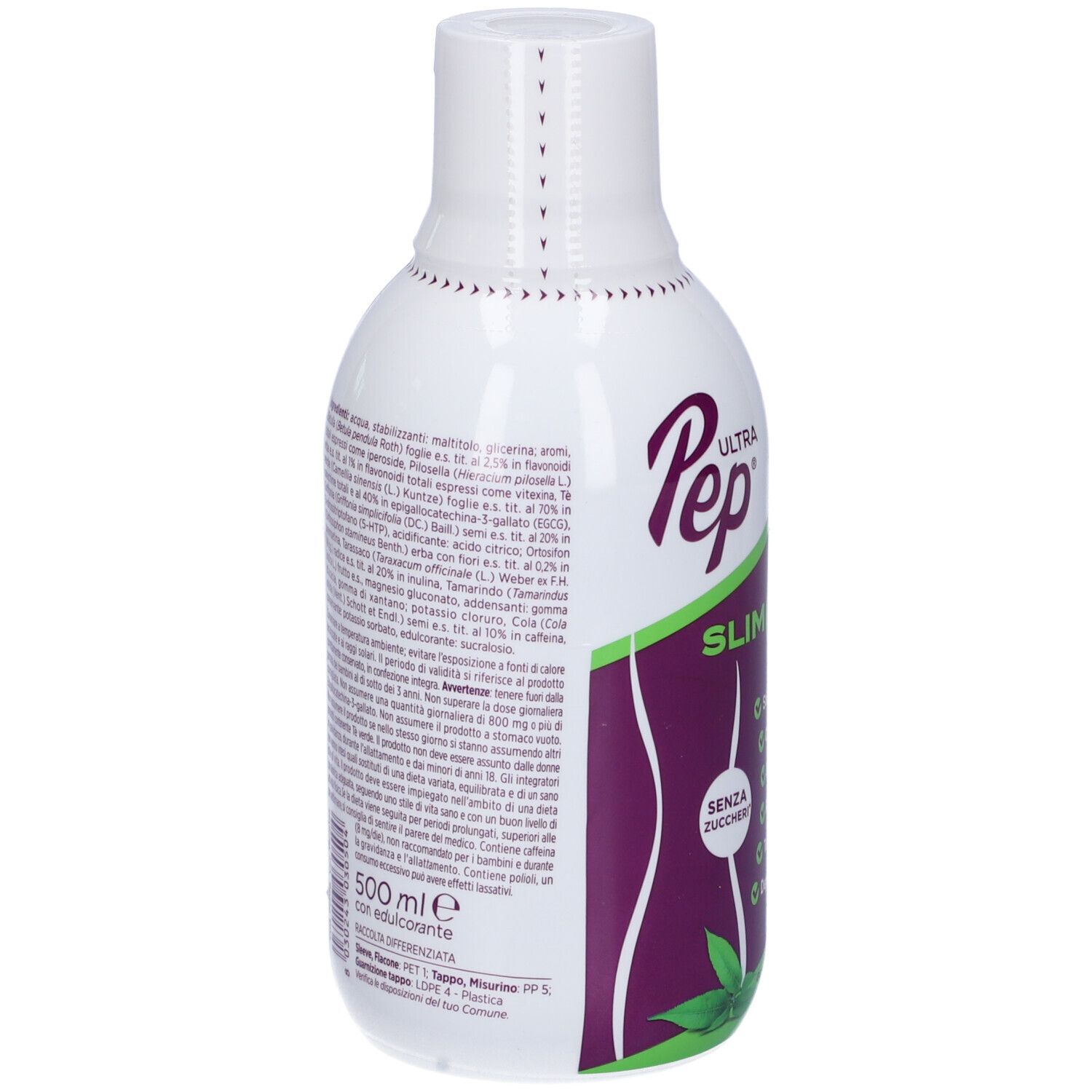 Retro della bottiglia "Ultra Pep Slim 6 Zero". Testo con ingredienti e informazioni.