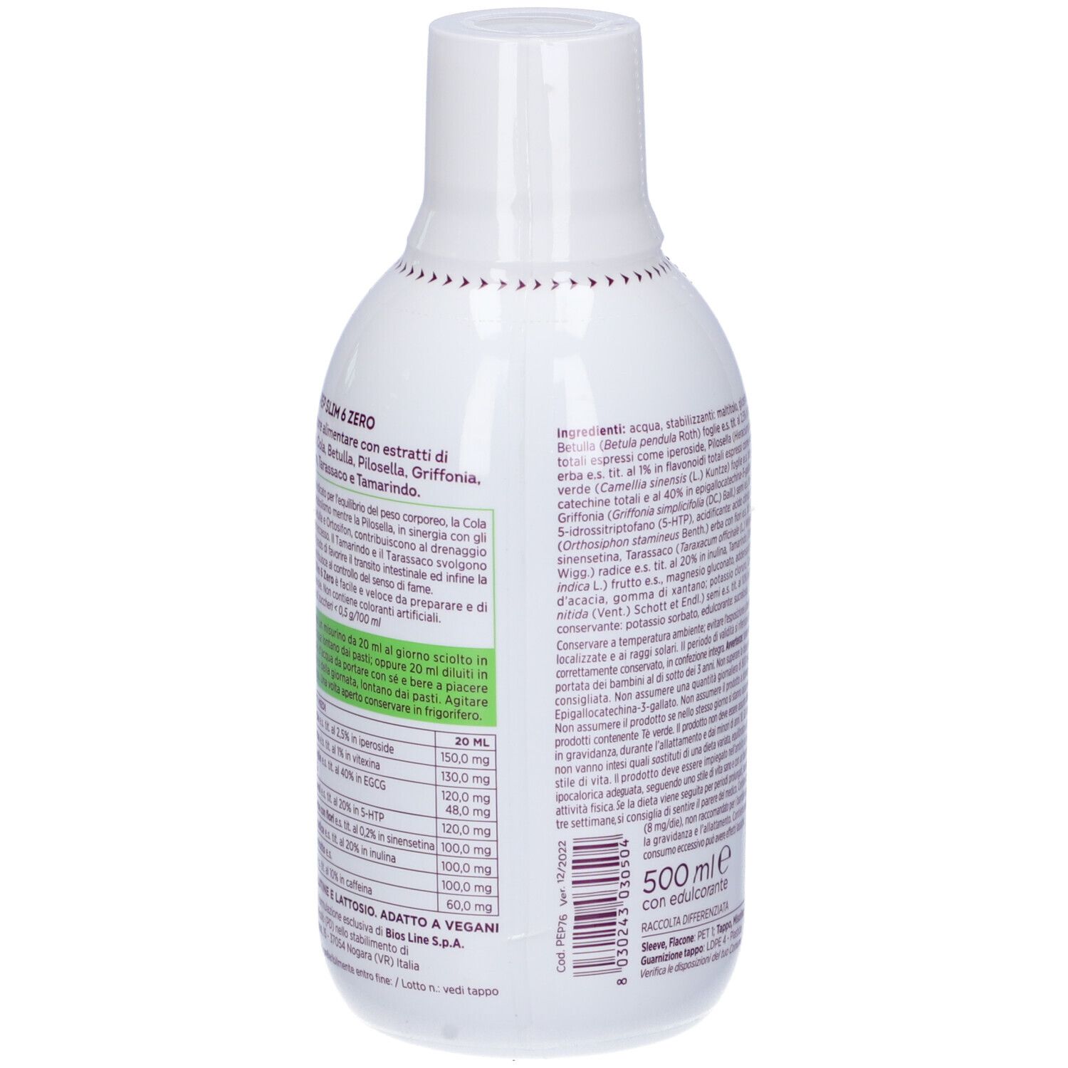 Retro della bottiglia "Ultra Pep Slim 6 Zero". Testo con ingredienti e informazioni.
