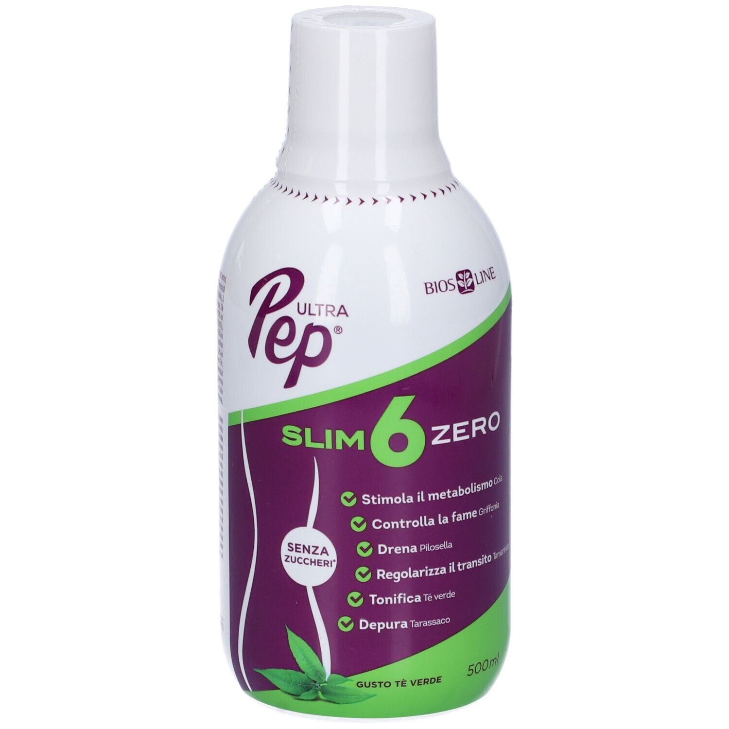 Bottiglia bianca e verde "Ultra Pep Slim 6 Zero". Contiene tè verde. Scritta "Senza Zuccheri".