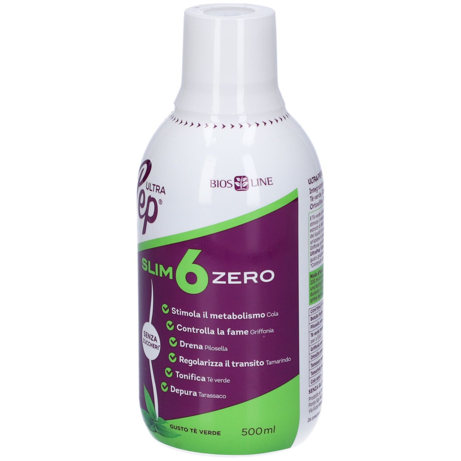 Bottiglia bianca e verde "Ultra Pep Slim 6 Zero". Contiene tè verde. Scritta "Senza Zuccheri".