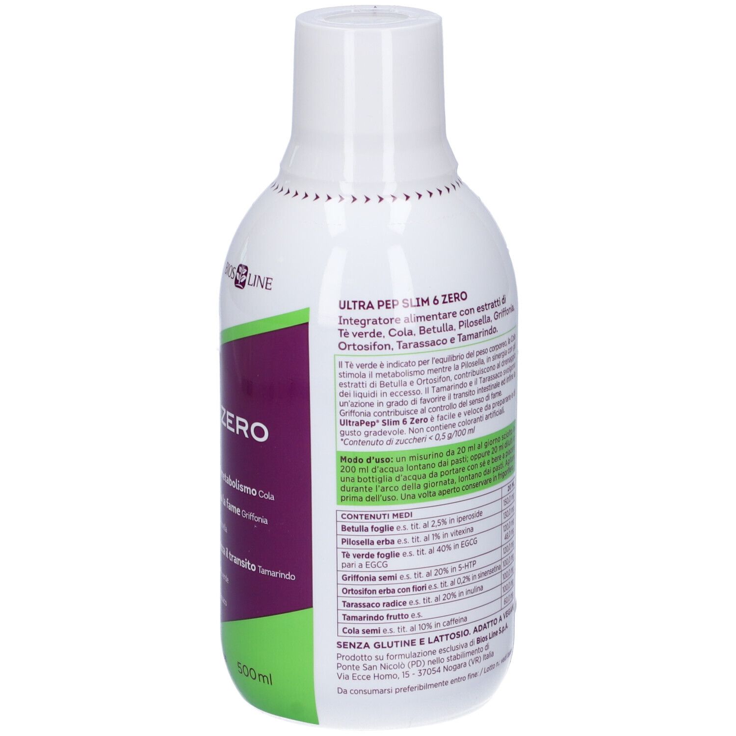 Retro della bottiglia "Ultra Pep Slim 6 Zero". Testo con ingredienti e informazioni.