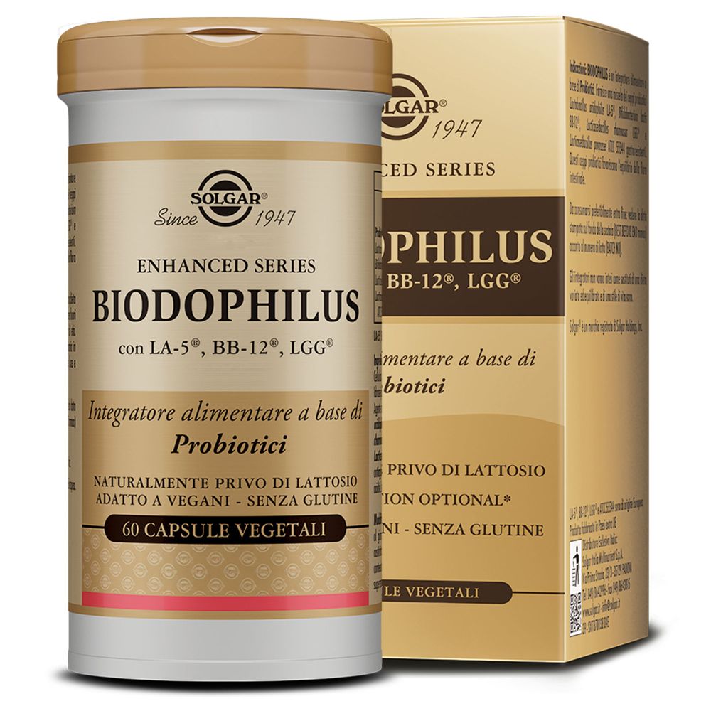 Flacone SOLGAR® Biodophilus. Tappo marrone, flacone bianco con etichetta. 60 capsule, 39g.