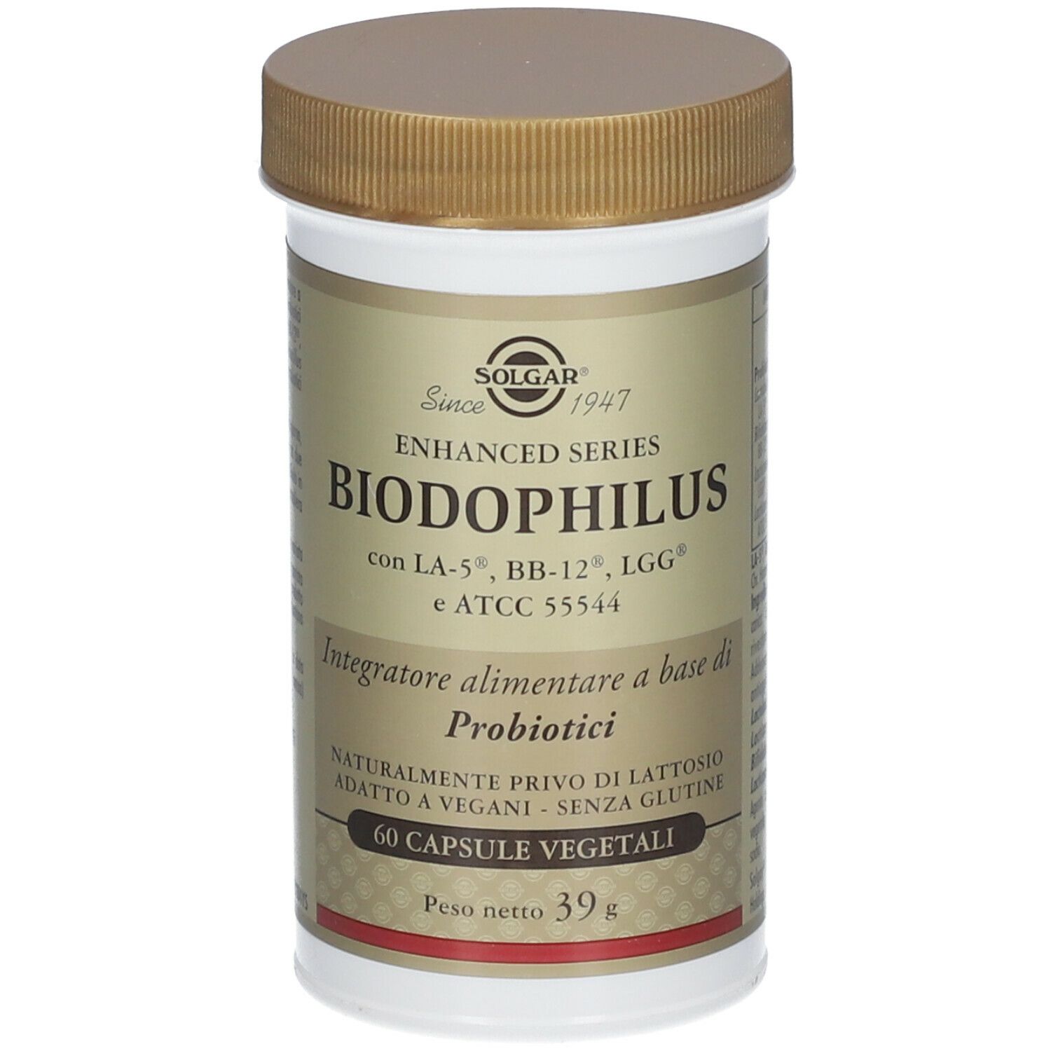 Flacone SOLGAR® Biodophilus. Tappo marrone, flacone bianco con etichetta. 60 capsule, 39g.