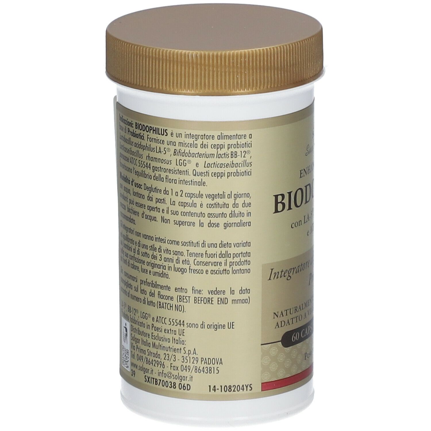 Retro del flacone SOLGAR® Biodophilus. Informazioni testuali su sfondo bianco. Tappo marrone.