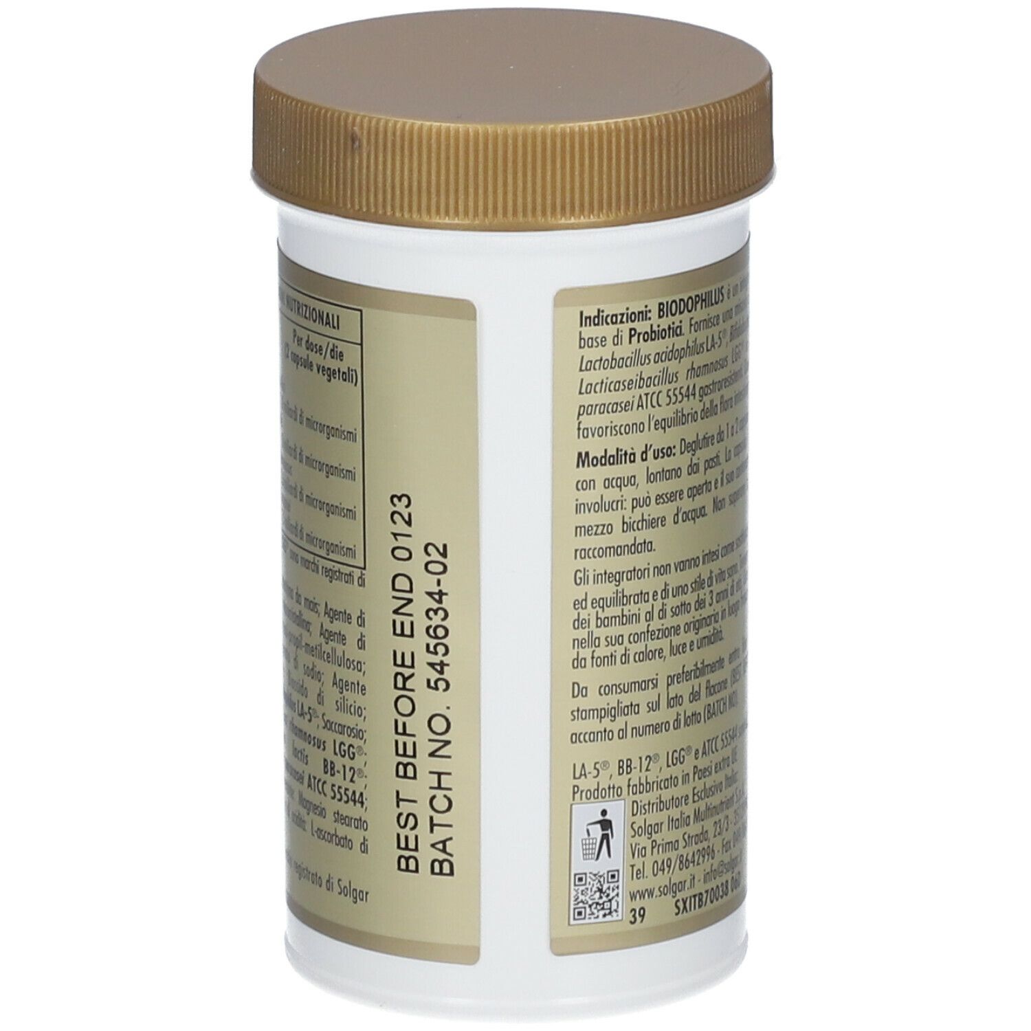 Retro del flacone SOLGAR® Biodophilus. Informazioni testuali su sfondo bianco. Tappo marrone.