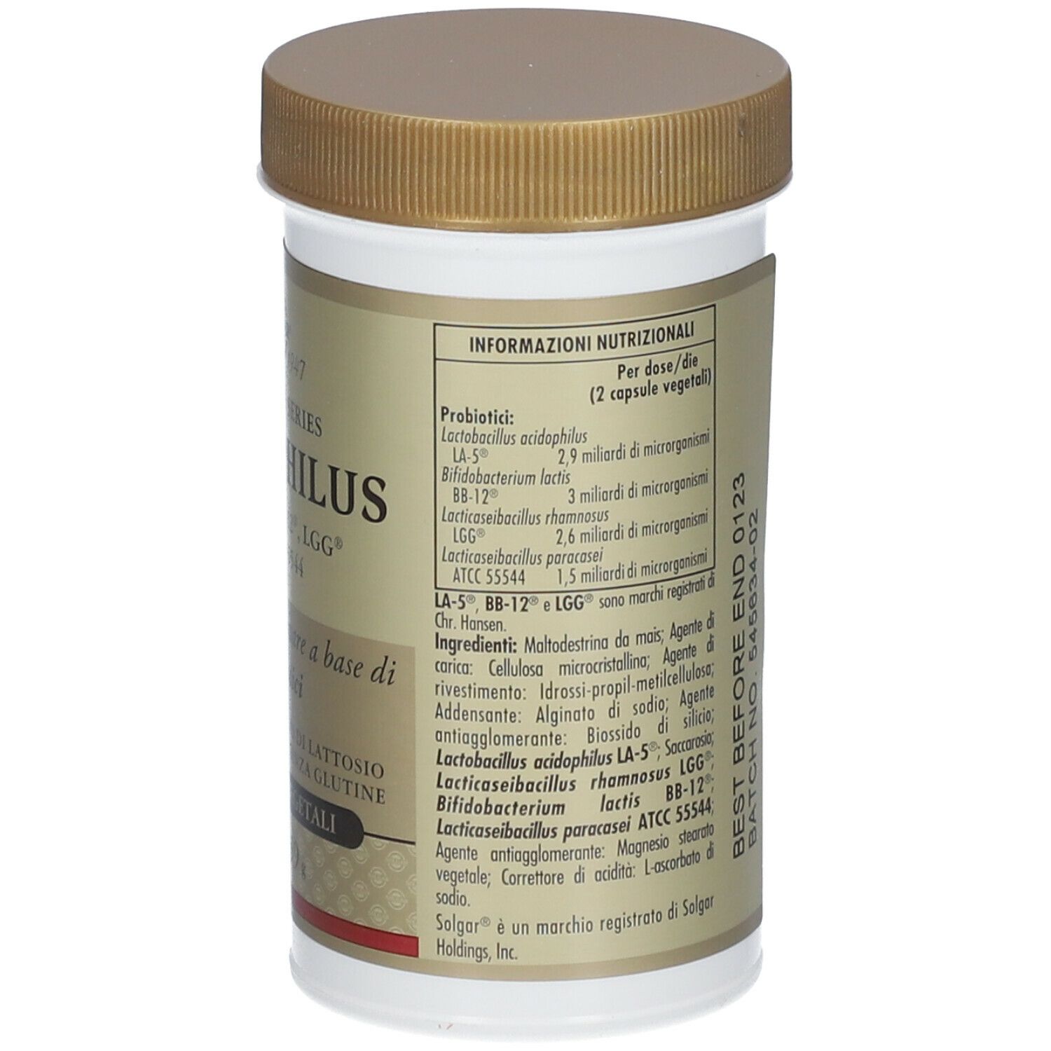 Retro del flacone SOLGAR® Biodophilus. Informazioni testuali su sfondo bianco. Tappo marrone.