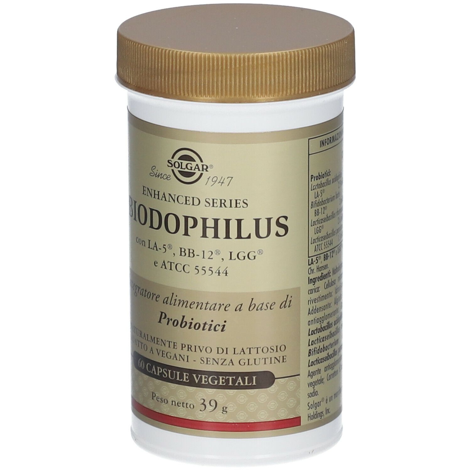 Flacone SOLGAR® Biodophilus. Tappo marrone, flacone bianco con etichetta. 60 capsule, 39g.