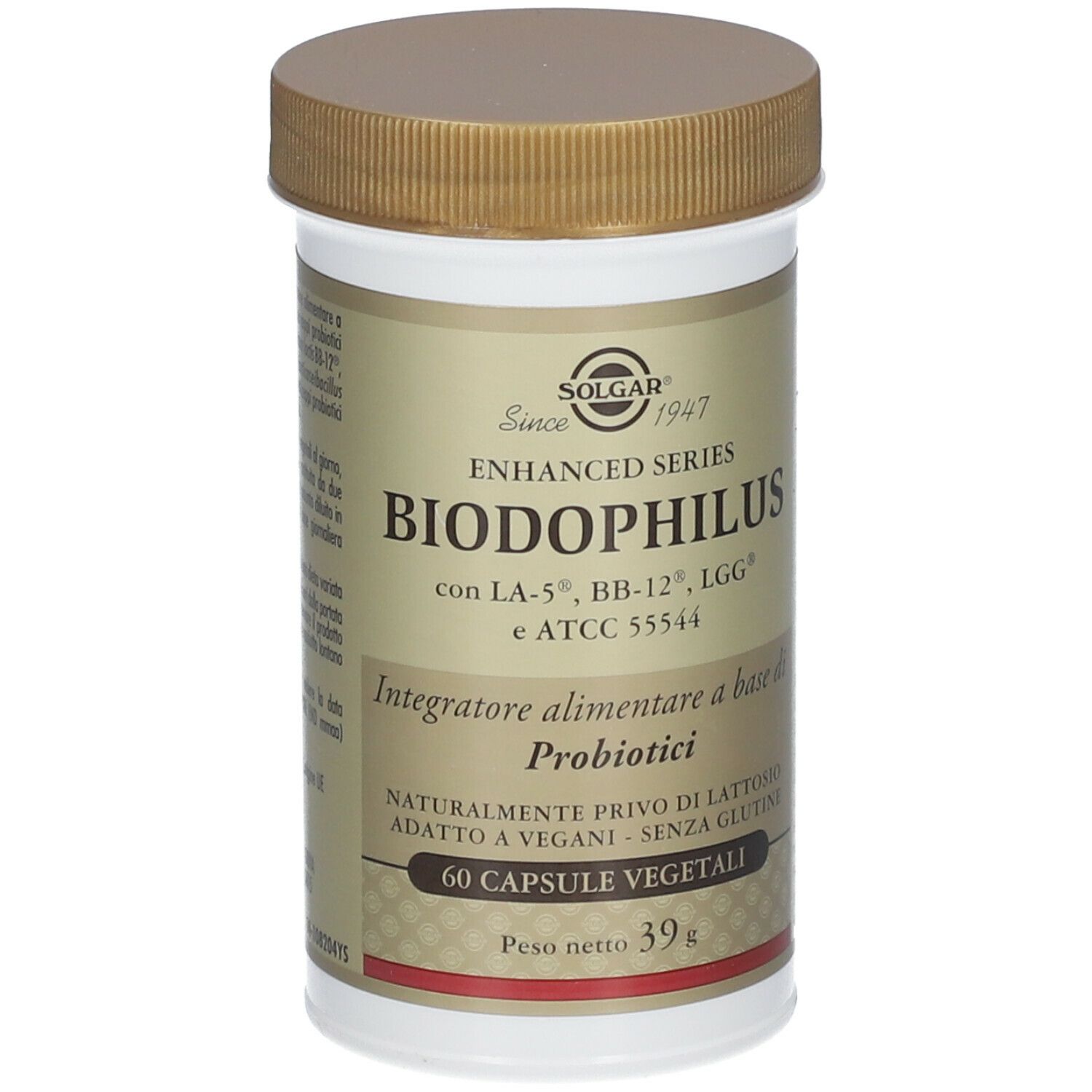 Flacone SOLGAR® Biodophilus. Tappo marrone, flacone bianco con etichetta. 60 capsule, 39g.