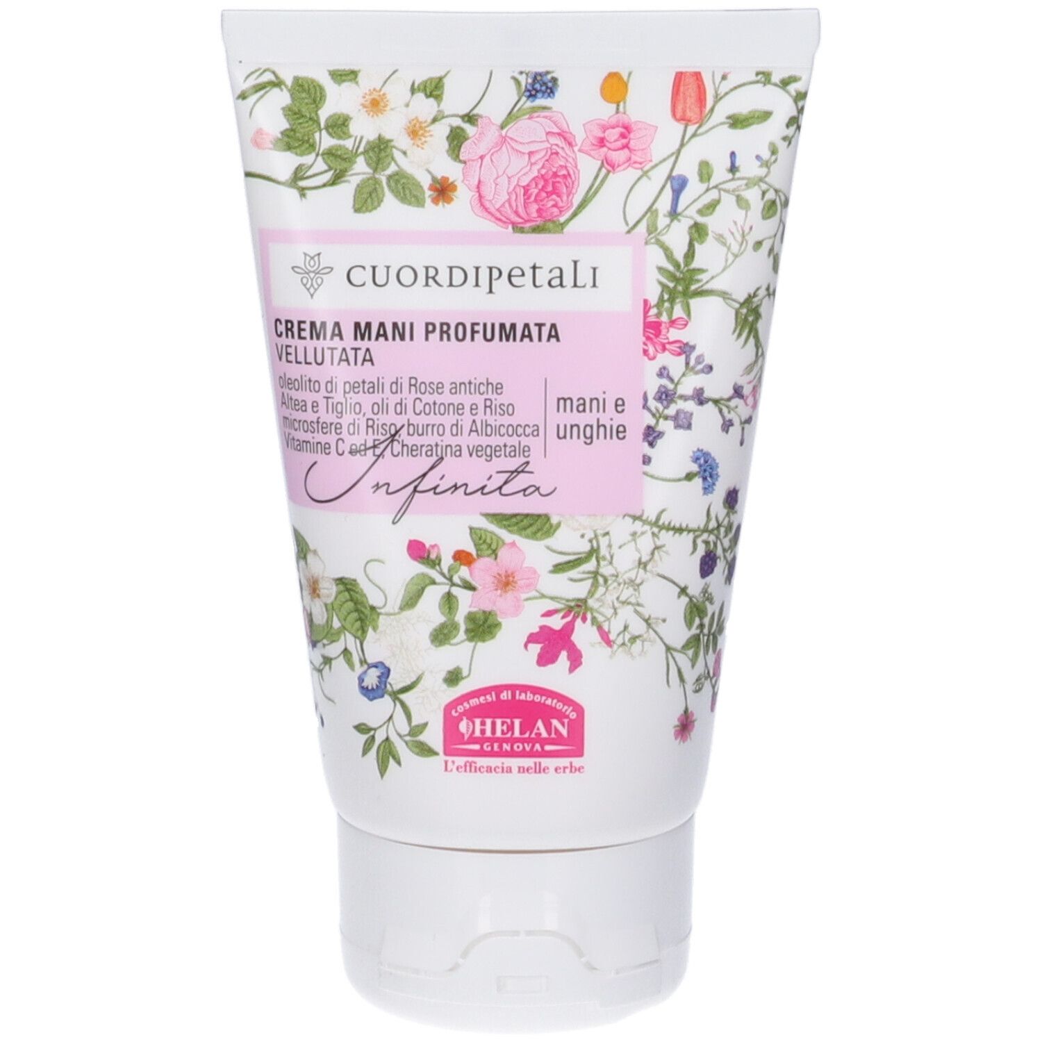 Tubo crema con design floreale. Testo: Cuor di Petali, Crema Mani Profumata Vellutata, Infinita. Tappo bianco.