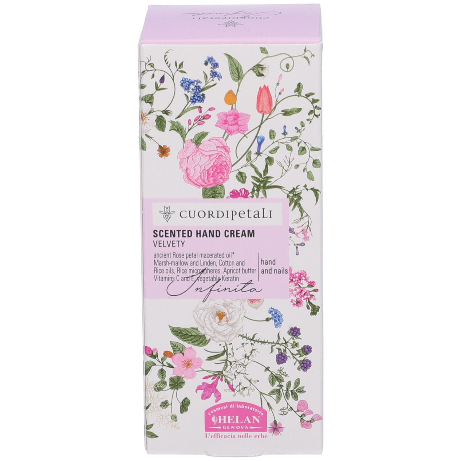 Scatola con design floreale. Testo: Cuor di Petali, Scented Hand Cream, Velvety. Accento rosa.