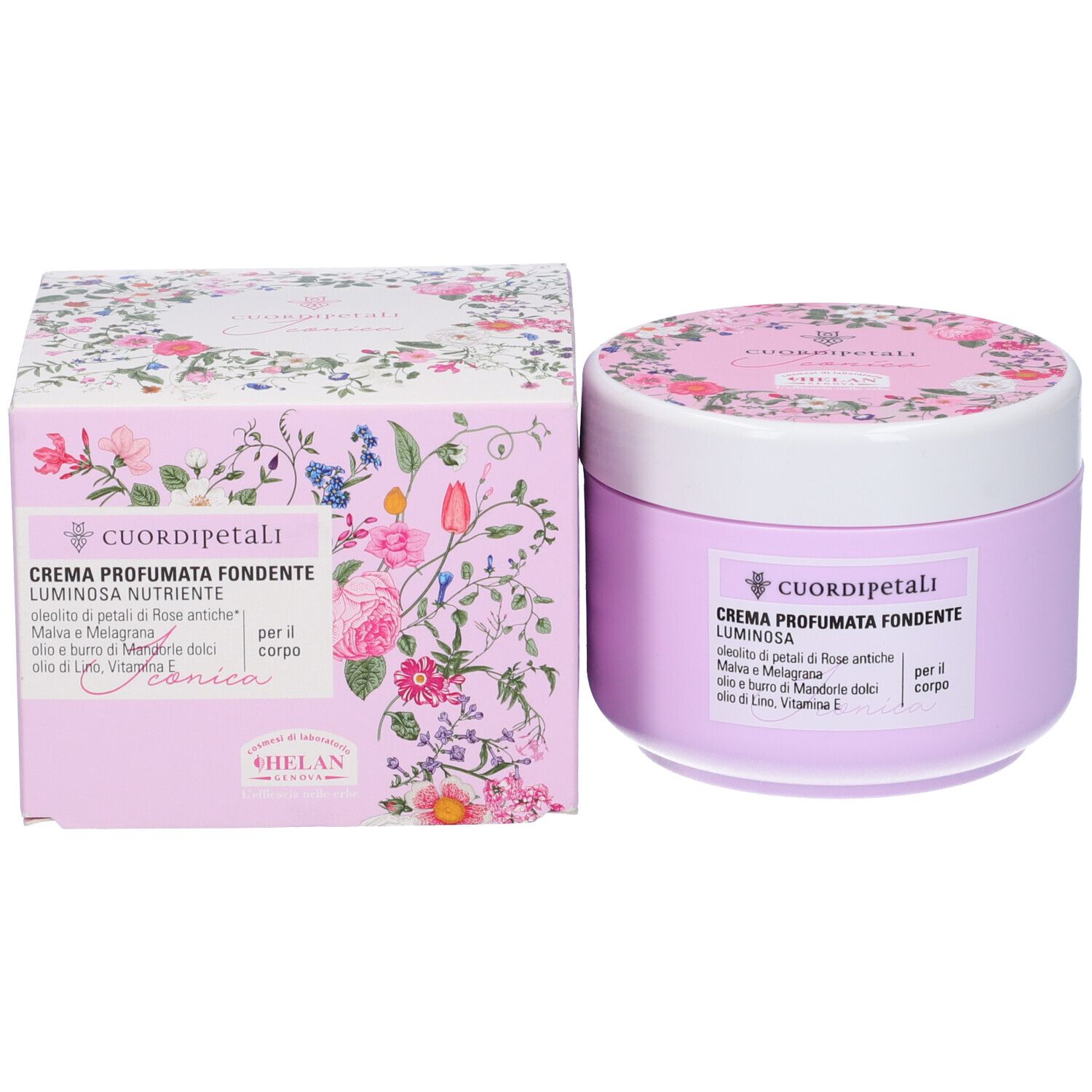 Produktverpackung und Tiegel. Aufschrift: Cuor Di Petali, Crema Profumata Fondente Luminosa. Blütenmuster auf der Verpackung.