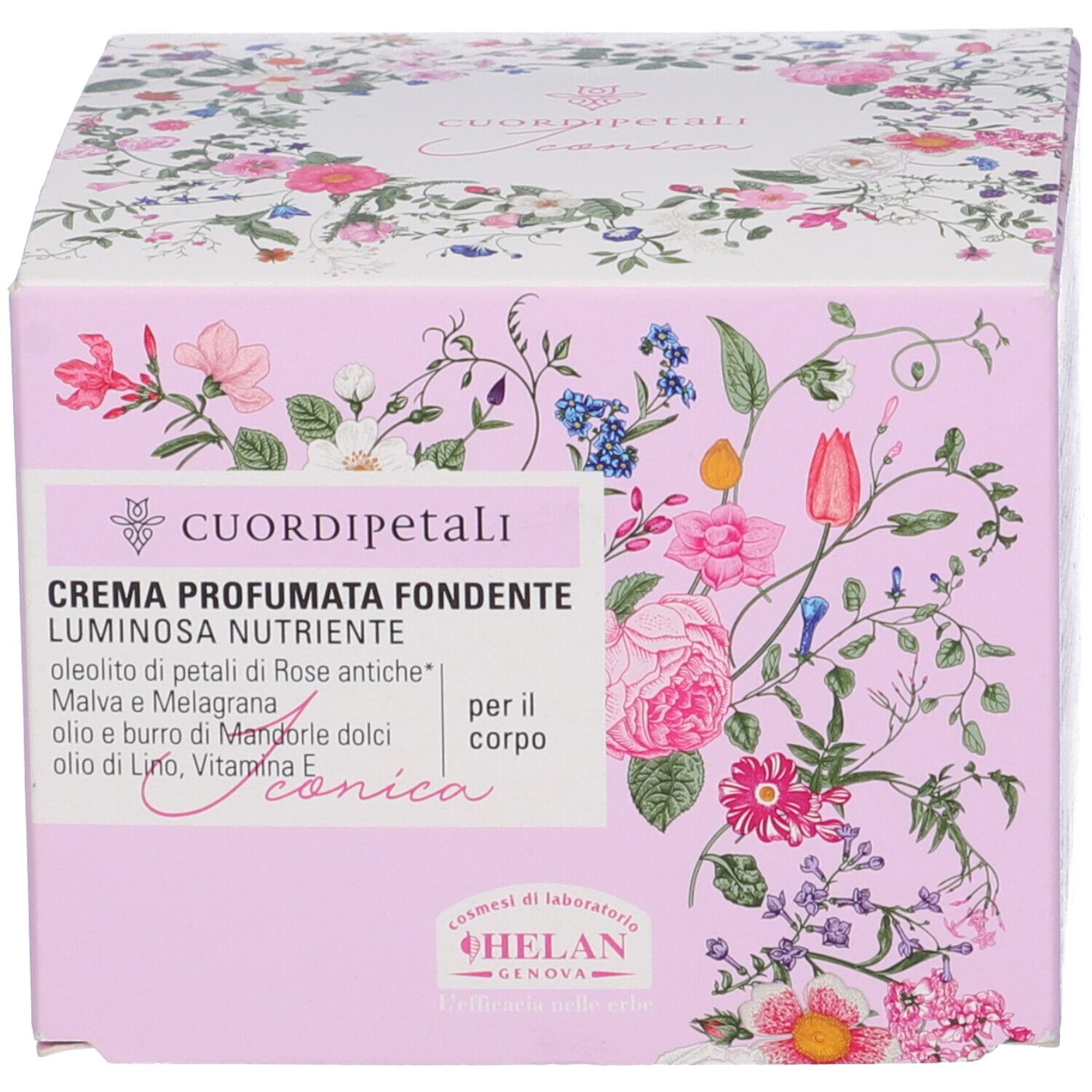 Produktverpackung. Aufschrift: Cuor Di Petali, Crema Profumata Fondente Luminosa. Blütenmuster auf der Verpackung.