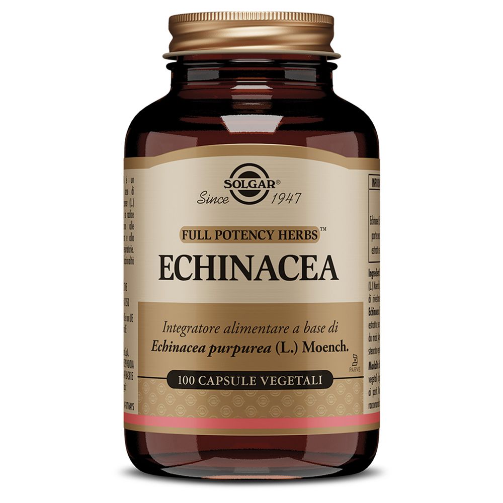 Flacone di vetro marrone con tappo dorato. Etichetta con testo: Echinacea, 100 capsule vegetali. Marchio: Solgar.