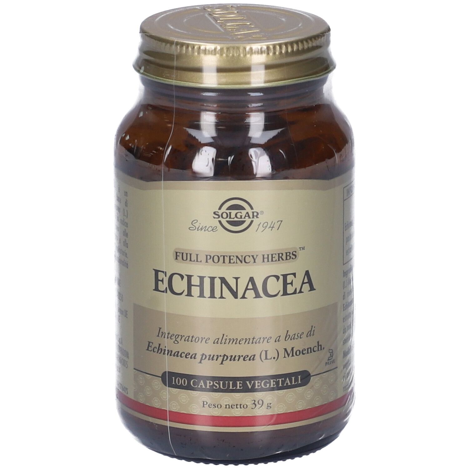 Flacone di vetro marrone con tappo dorato. Etichetta con testo: Echinacea, 100 capsule vegetali. Marchio: Solgar.