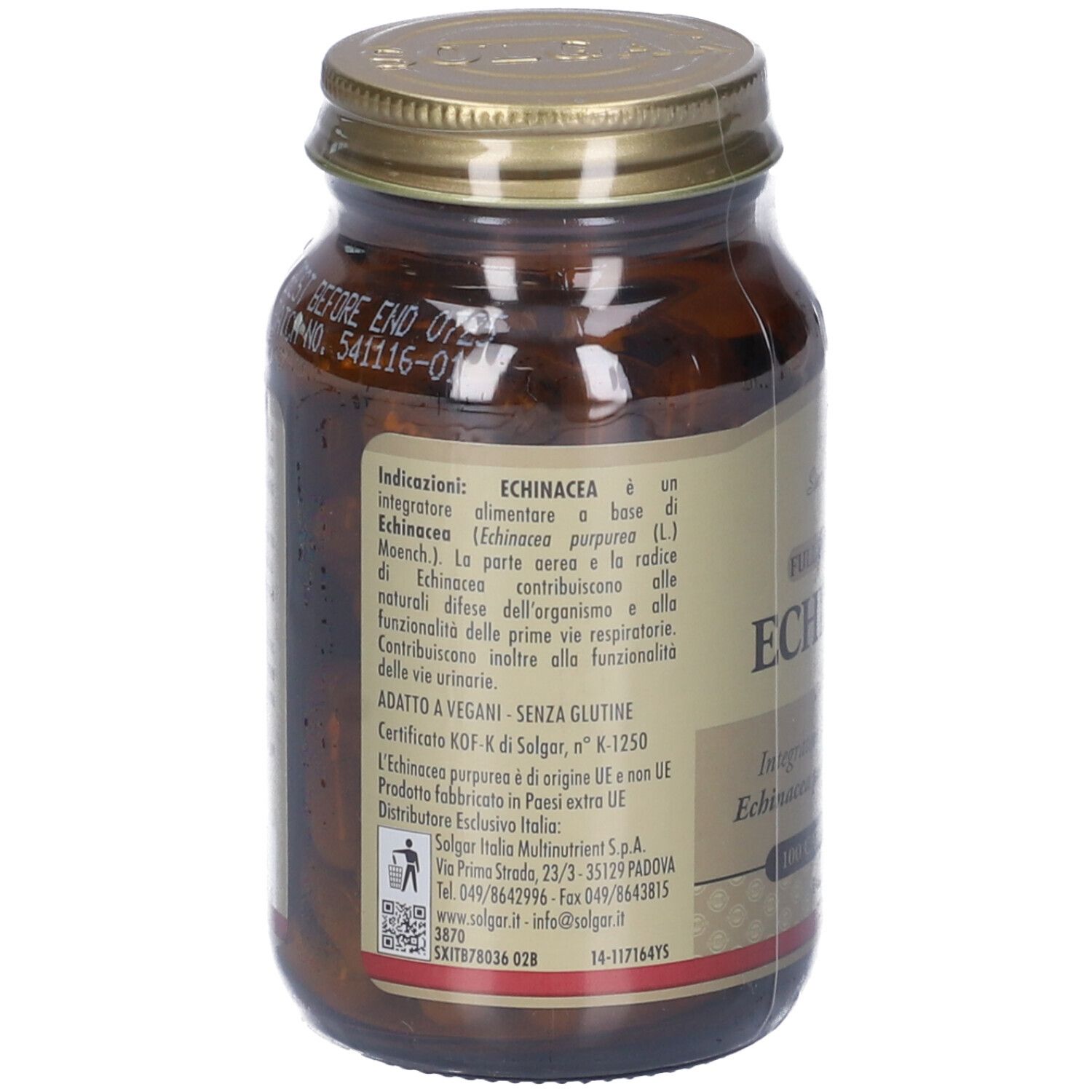 Retro del flacone di vetro marrone. Etichetta con testo: Echinacea, ingredienti, vegano, senza glutine. Marchio: Solgar.