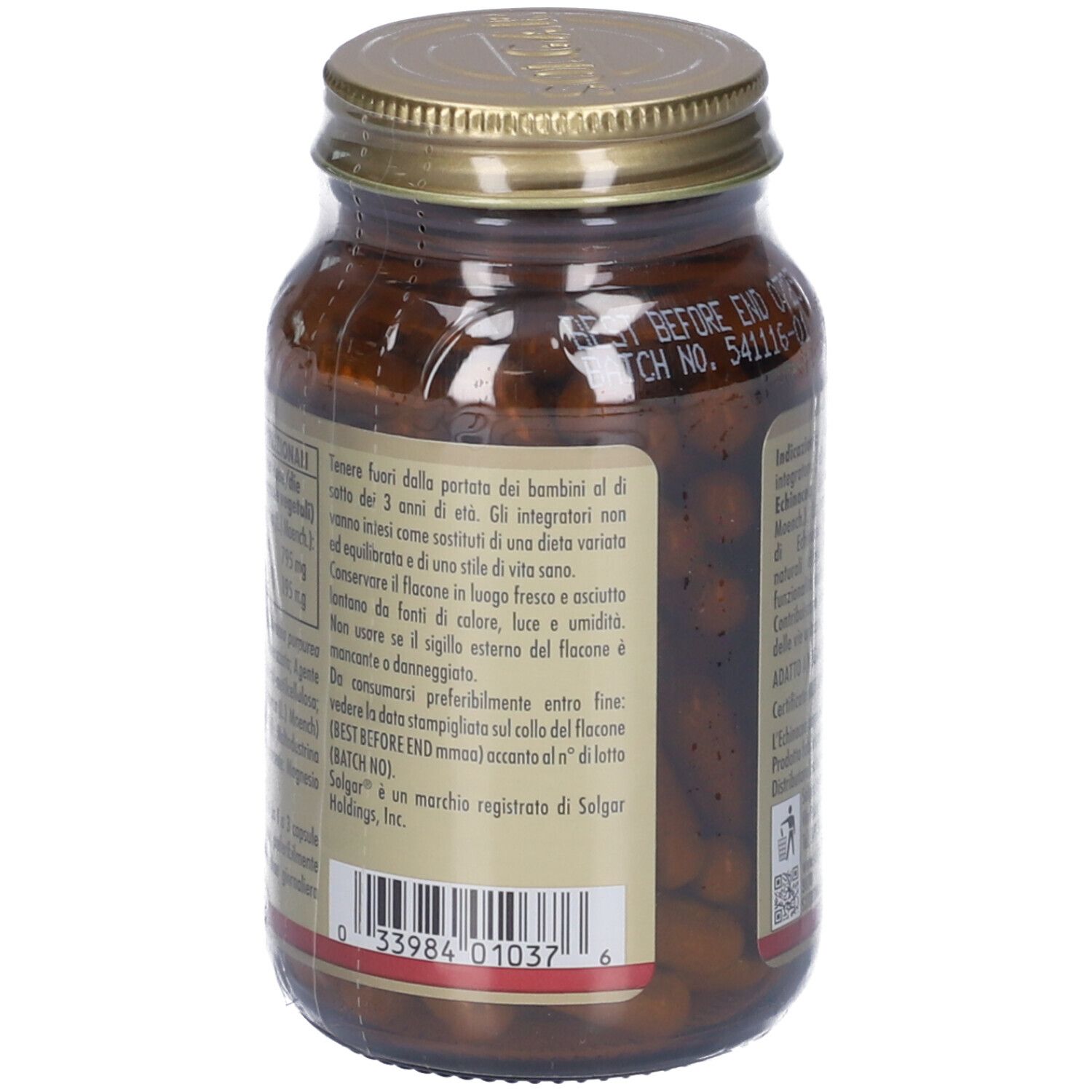 Vista posteriore del flacone di vetro marrone. Etichetta con testo: Echinacea, avvertenze. Marchio: Solgar. Data di scadenza.